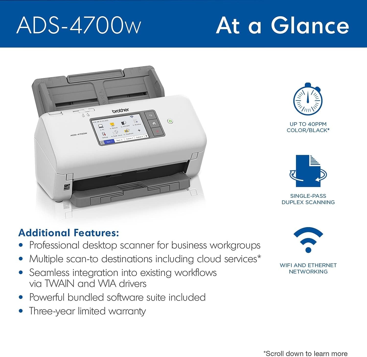 image:imageBrother ADS4700W Professional Desktop Scanner with Fast Scan Speeds Duplex Wireless and Large Touchscreen WhiteNew ADS4700W Adds Larger Touchscreen Display