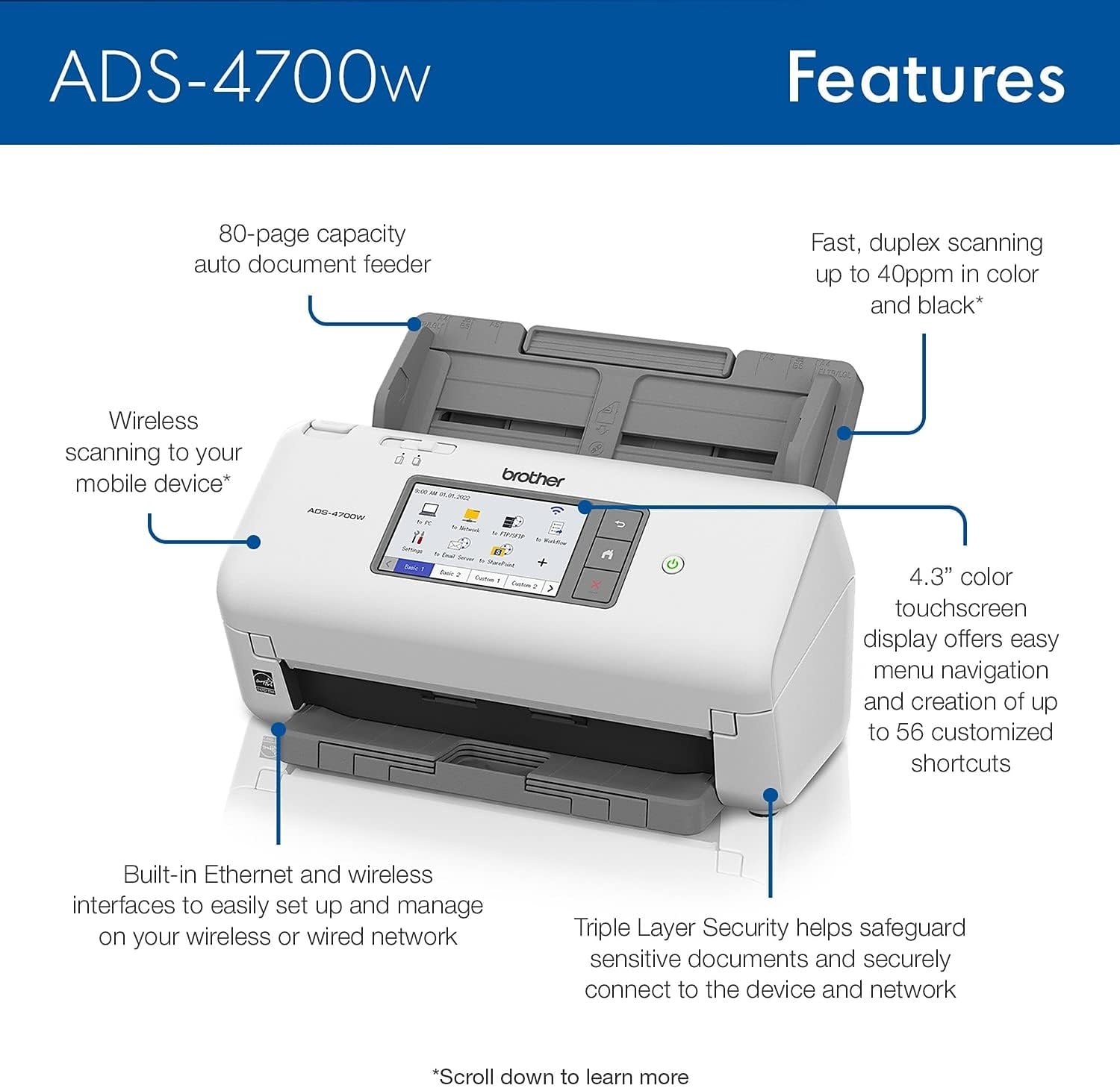 image:imageBrother ADS4700W Professional Desktop Scanner with Fast Scan Speeds Duplex Wireless and Large Touchscreen WhiteNew ADS4700W Adds Larger Touchscreen Display