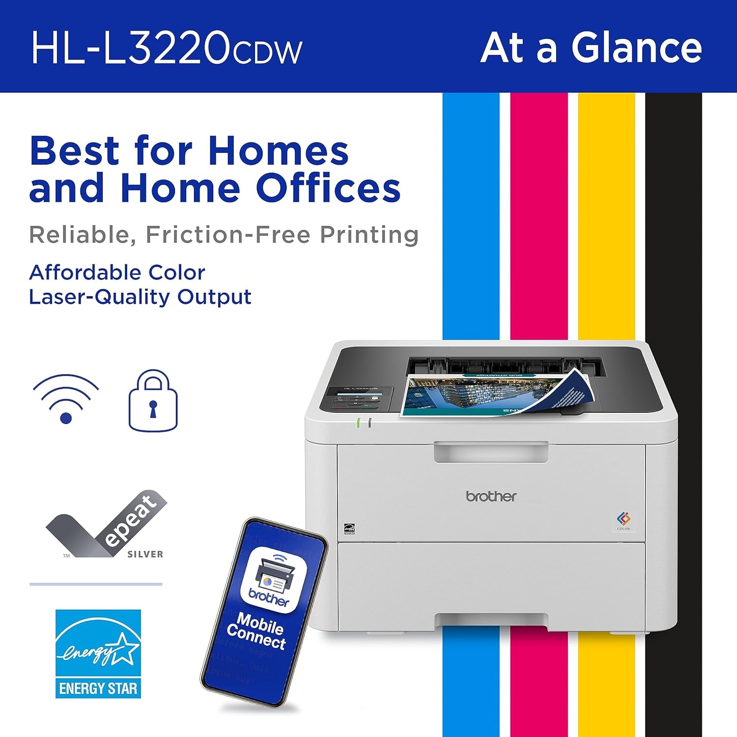 image:imageBrother Color Laser Printer with Wireless Printing Fast 19 PPM Output Duplex Feature Mobile Device Compatible 250Sheet Paper Tray for Professional Home Office Printing HLL3220CDWNew