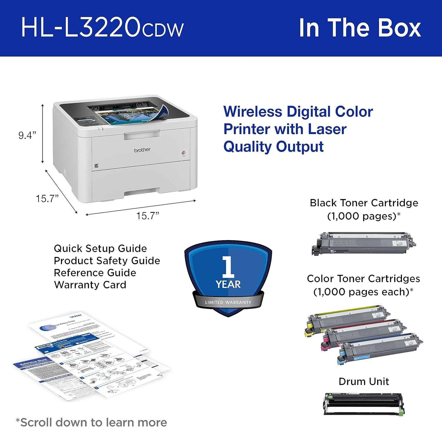 image:imageBrother Color Laser Printer with Wireless Printing Fast 19 PPM Output Duplex Feature Mobile Device Compatible 250Sheet Paper Tray for Professional Home Office Printing HLL3220CDWNew