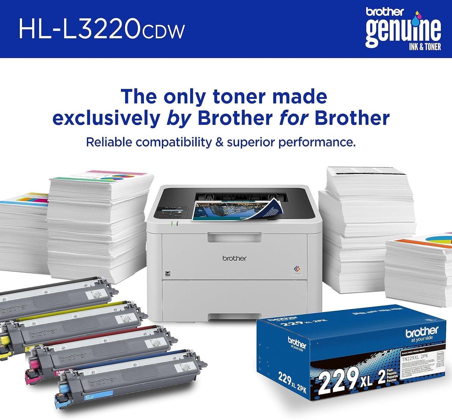 image:imageBrother Color Laser Printer with Wireless Printing Fast 19 PPM Output Duplex Feature Mobile Device Compatible 250Sheet Paper Tray for Professional Home Office Printing HLL3220CDWNew
