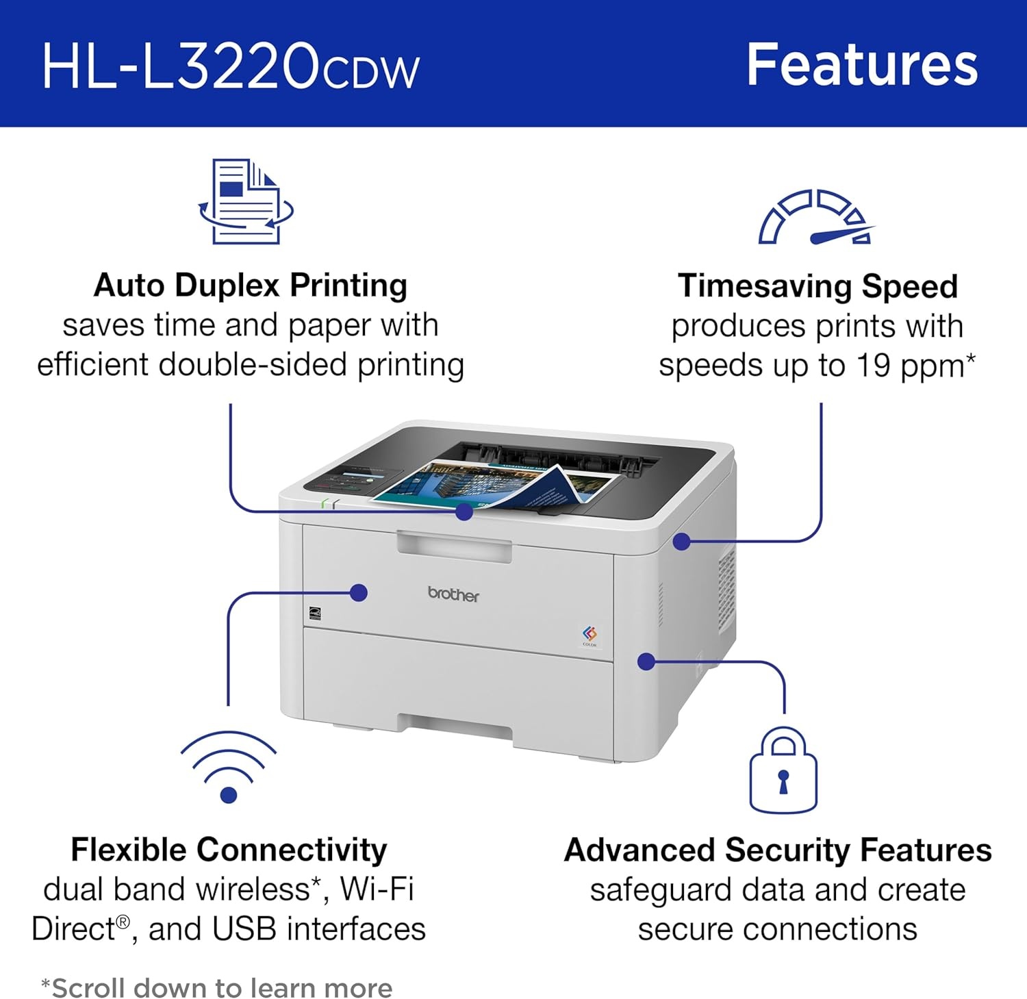 image:imageBrother Color Laser Printer with Wireless Printing Fast 19 PPM Output Duplex Feature Mobile Device Compatible 250Sheet Paper Tray for Professional Home Office Printing HLL3220CDWRenewed Refurbished