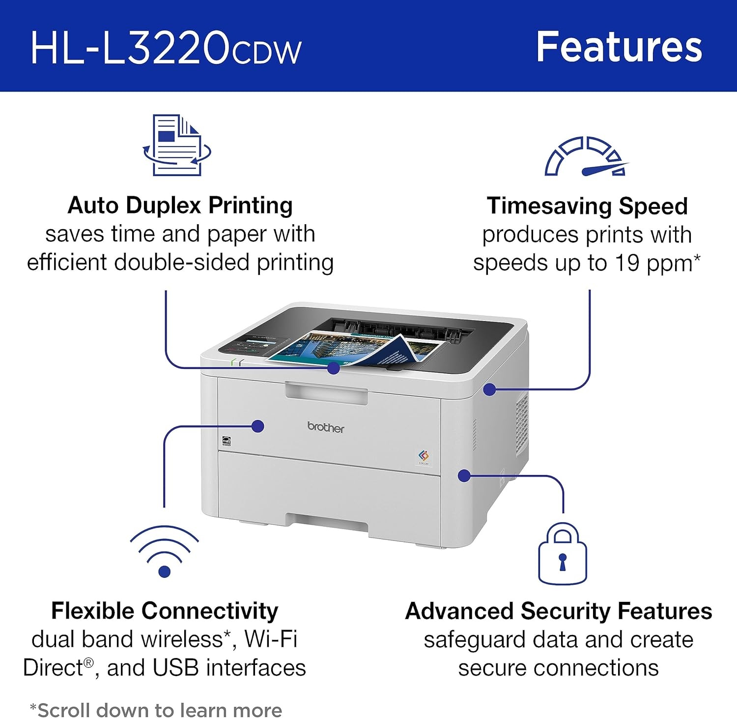 image:imageBrother Color Laser Printer with Wireless Printing Fast 19 PPM Output Duplex Feature Mobile Device Compatible 250Sheet Paper Tray for Professional Home Office Printing HLL3220CDWNew