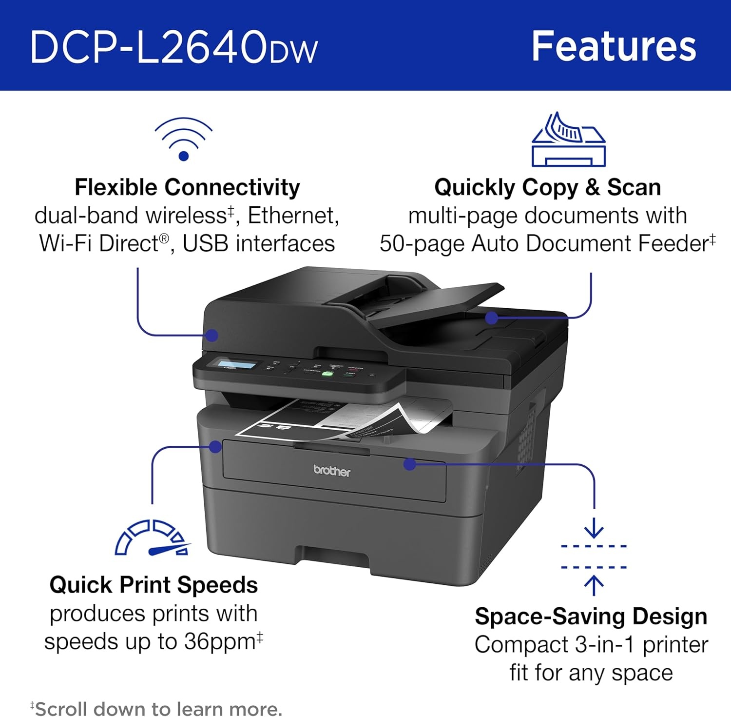 image:imageBrother DCPL2640DW Wireless Compact Monochrome MultiFunction Laser Printer with Copy and Scan Duplex Mobile Black amp White Includes Refresh Subscription Trial1 Works with AlexaNew