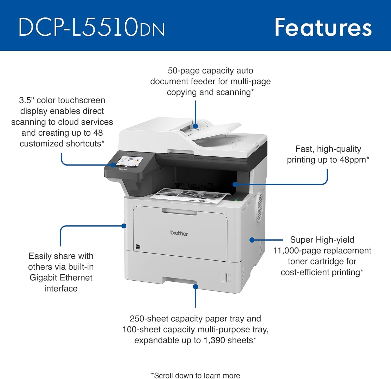 image:imageBrother DCPL5510DN Business Monochrome Laser AllinOne Printer with Duplex Printing and Networking Works with AlexaNew Model DCPL5510DN