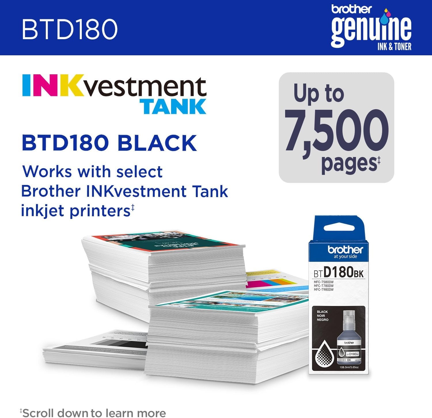 image:imageBrother Genuine BTD180C High Yield Cyan Ink Bottle for use with INKvestment Tank 580 780 and 980 PrintersBlack
