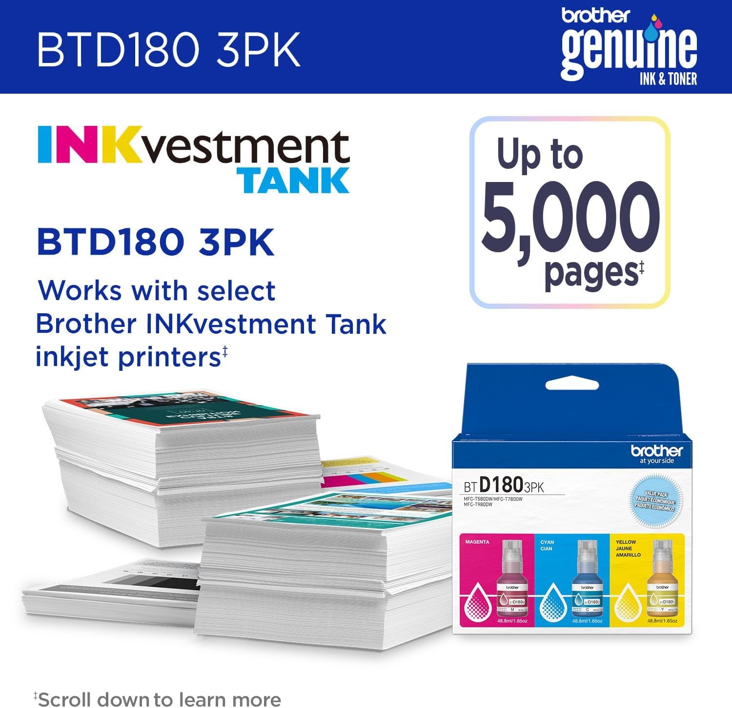 image:imageBrother Genuine BTD180C High Yield Cyan Ink Bottle for use with INKvestment Tank 580 780 and 980 PrintersColors One each of Cyan Magenta and Yellow