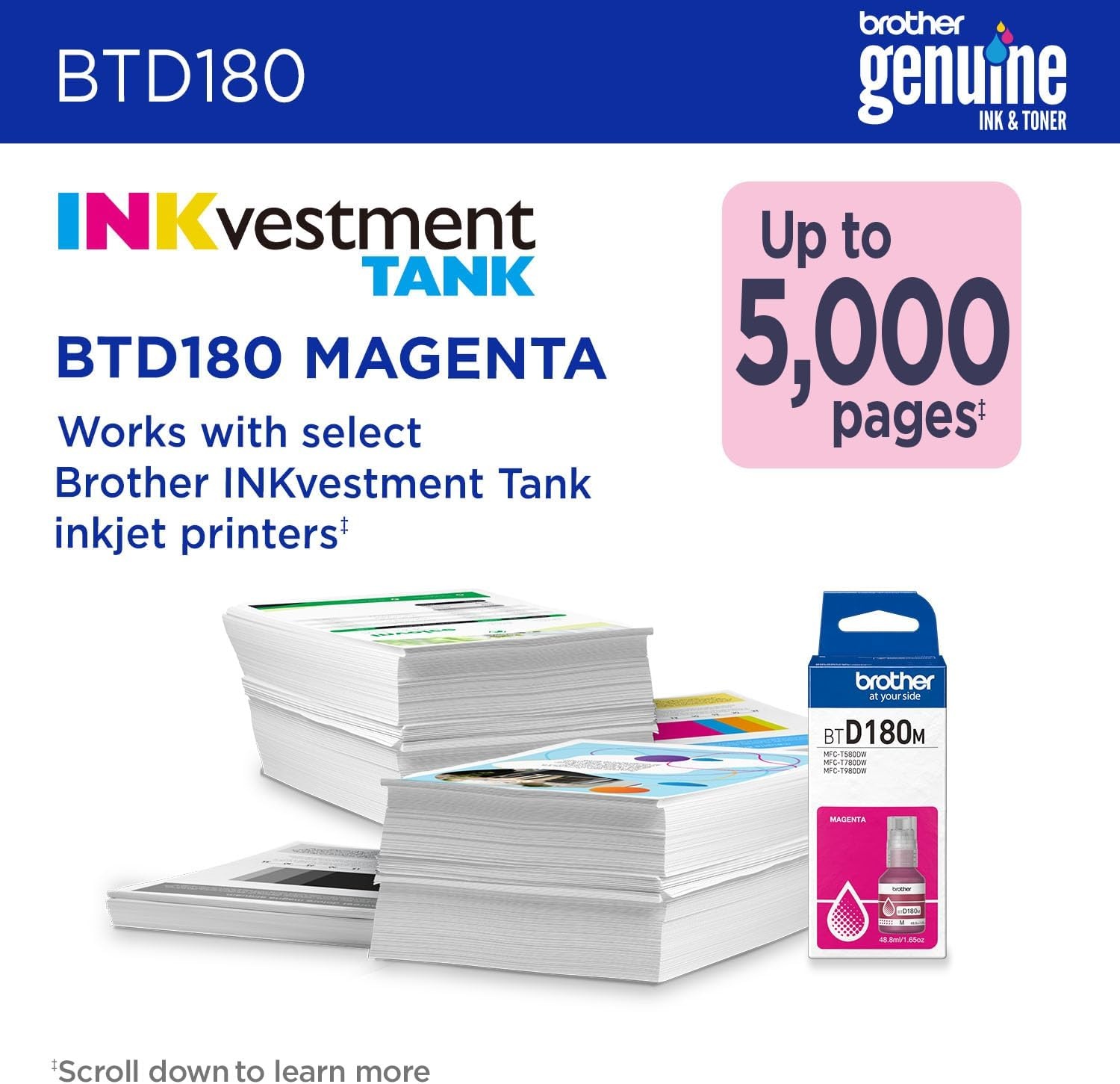 image:imageBrother Genuine BTD180C High Yield Cyan Ink Bottle for use with INKvestment Tank 580 780 and 980 PrintersMagenta