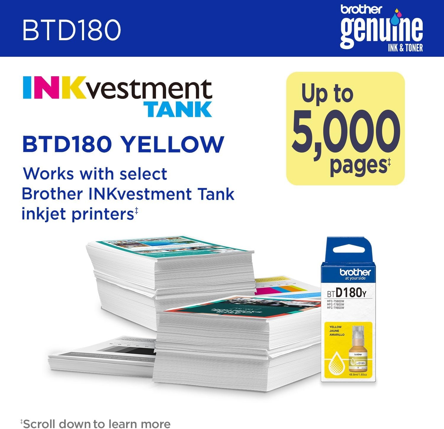 image:imageBrother Genuine BTD180C High Yield Cyan Ink Bottle for use with INKvestment Tank 580 780 and 980 PrintersYellow