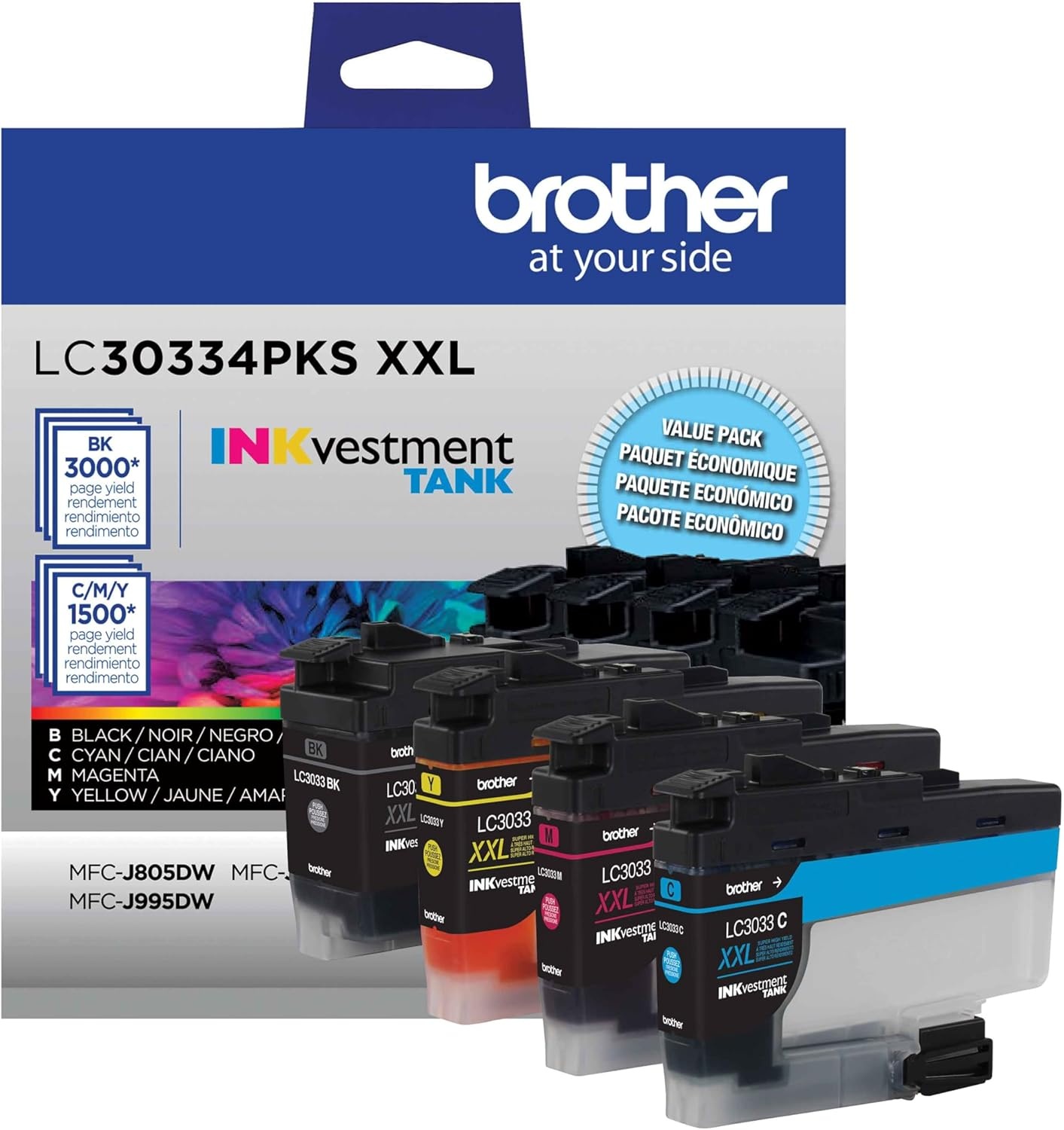 image:imageBrother Genuine LC3033C Single Pack Super HighYield Cyan INKvestment Tank Ink Cartridge Page Yield Up to 1500 Pages LC3033 Amazon Dash Replenishment CartridgeBlack and Colors