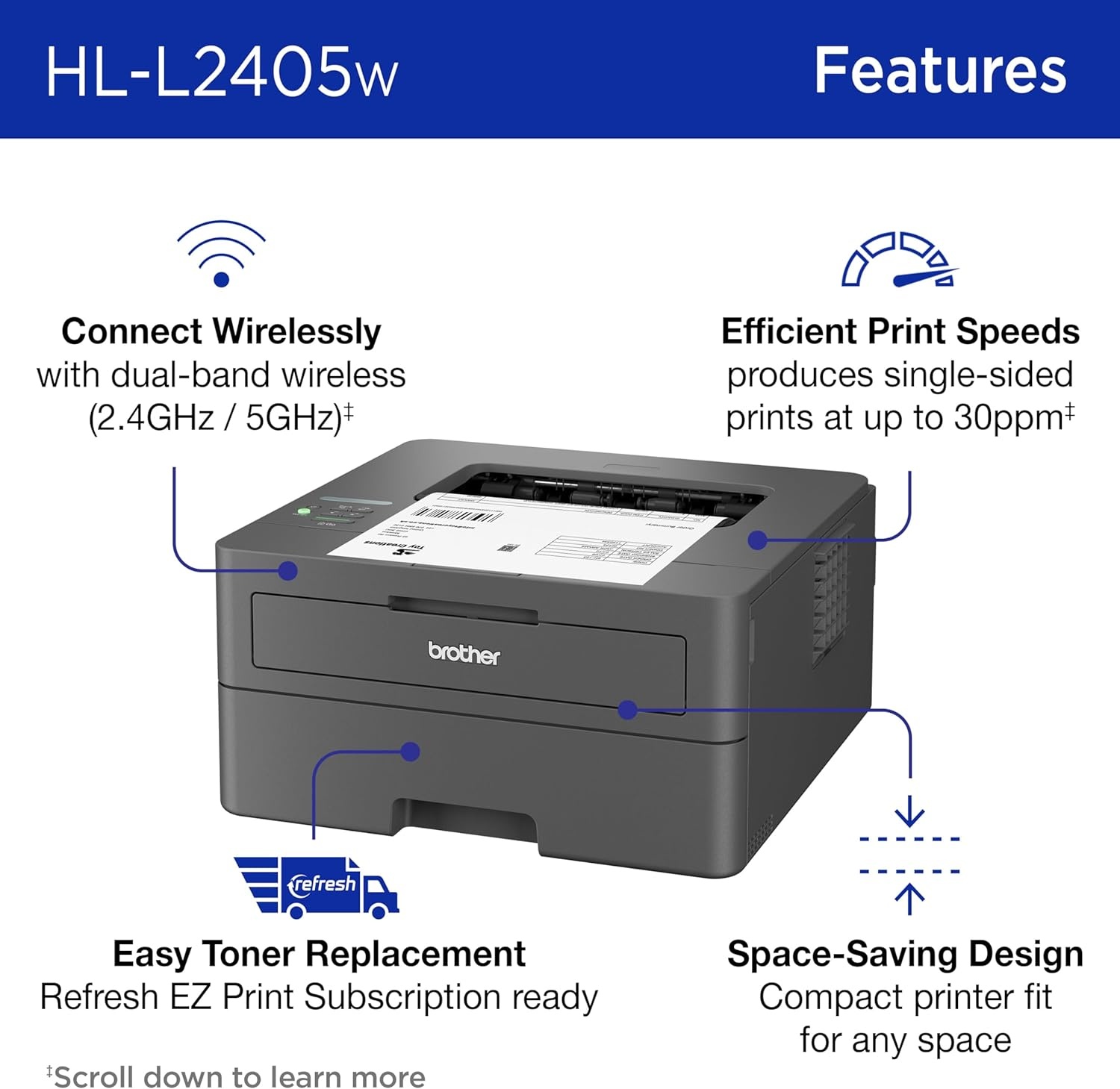 image:imageBrother HLL2405W Wireless Compact Monochrome Laser Printer with Mobile Printing Black amp White Output Includes Refresh Subscription Trial1 Works with AlexaRenewed Refurbished