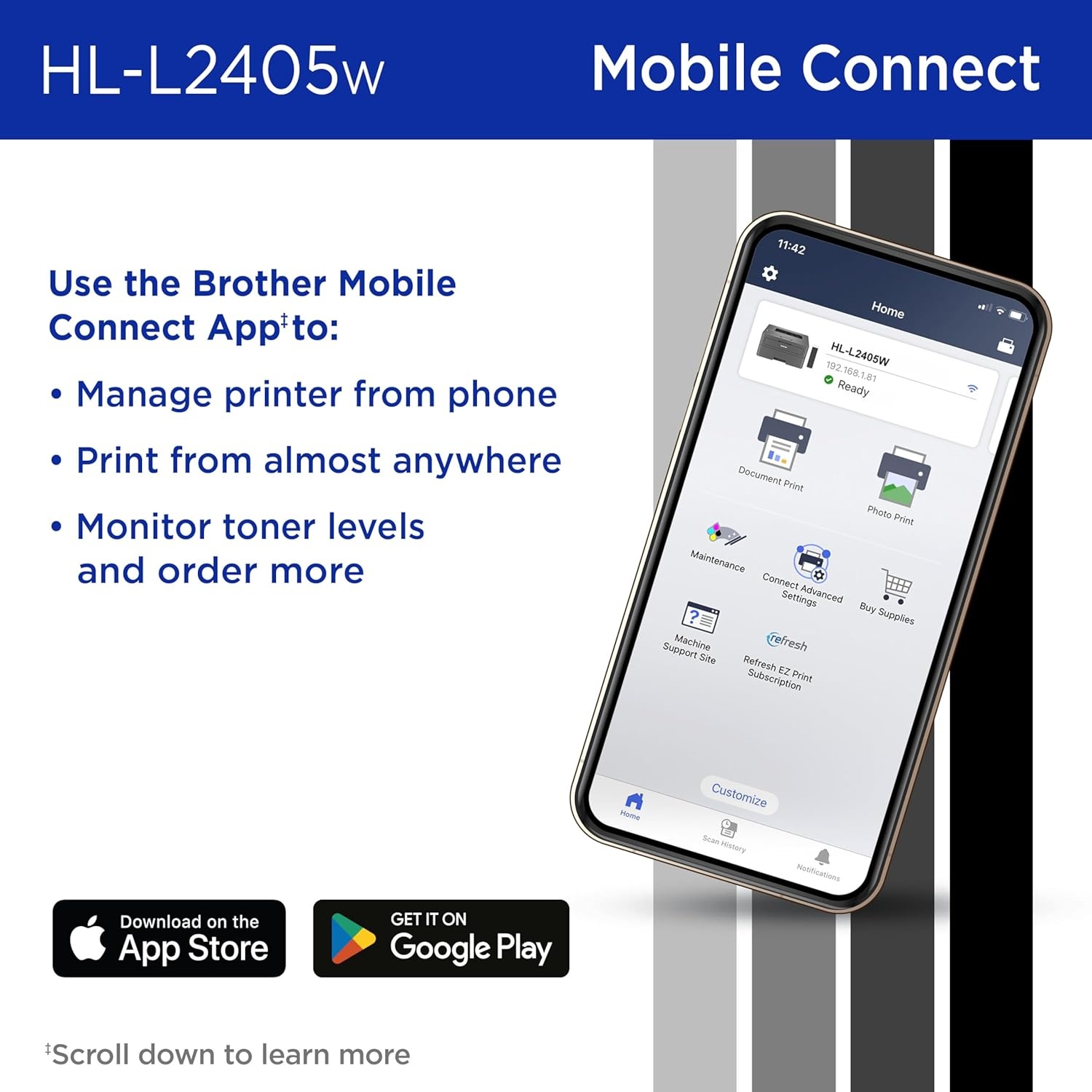 image:imageBrother HLL2405W Wireless Compact Monochrome Laser Printer with Mobile Printing Black amp White Output Includes Refresh Subscription Trial1 Works with AlexaRenewed Refurbished