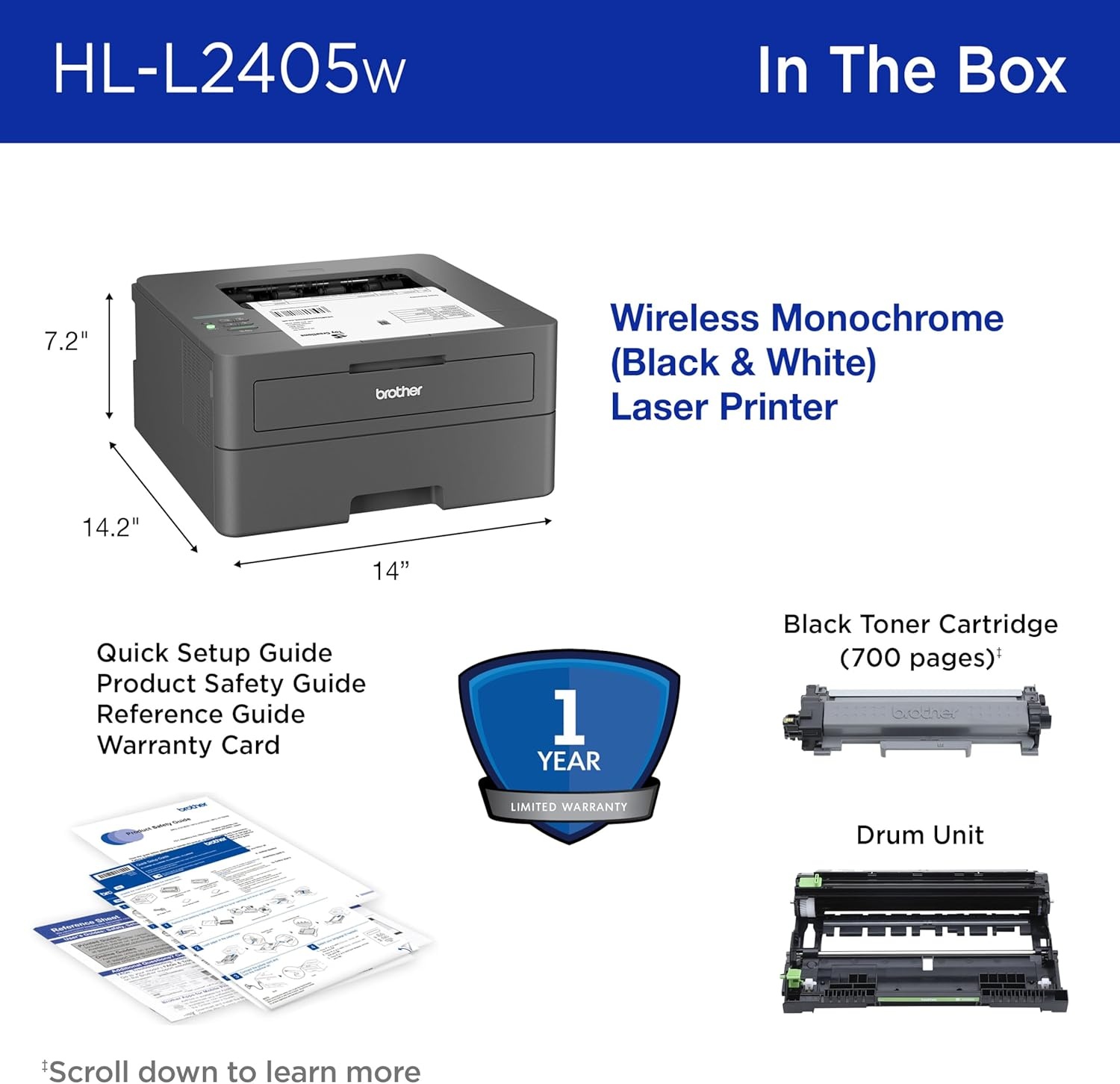image:imageBrother HLL2405W Wireless Compact Monochrome Laser Printer with Mobile Printing Black amp White Output Includes Refresh Subscription Trial1 Works with AlexaRenewed Refurbished