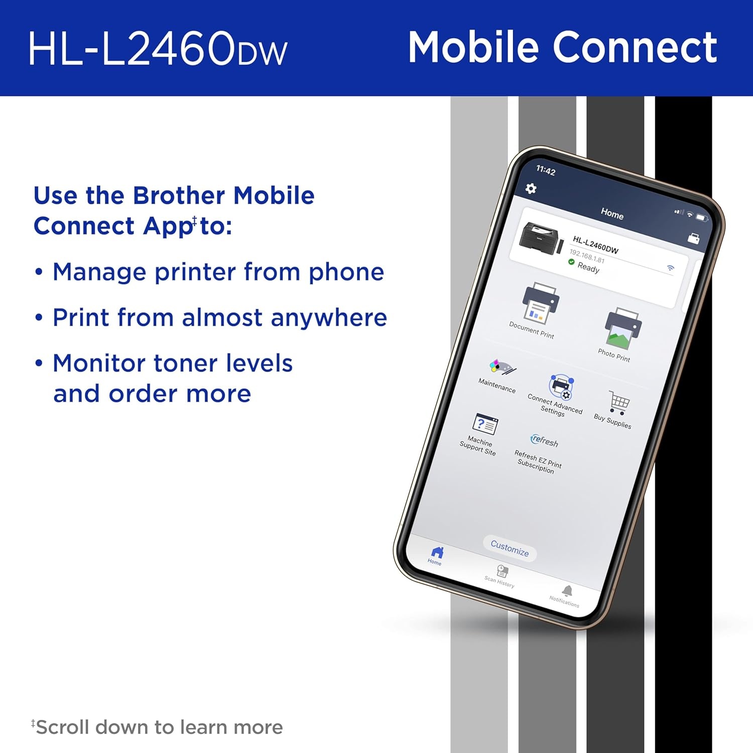 image:imageBrother HLL2460DW Wireless Compact Monochrome Laser Printer with Duplex Mobile Printing Black amp White Output Includes Refresh Subscription Trial1 Works with AlexaRenewed Refurbished