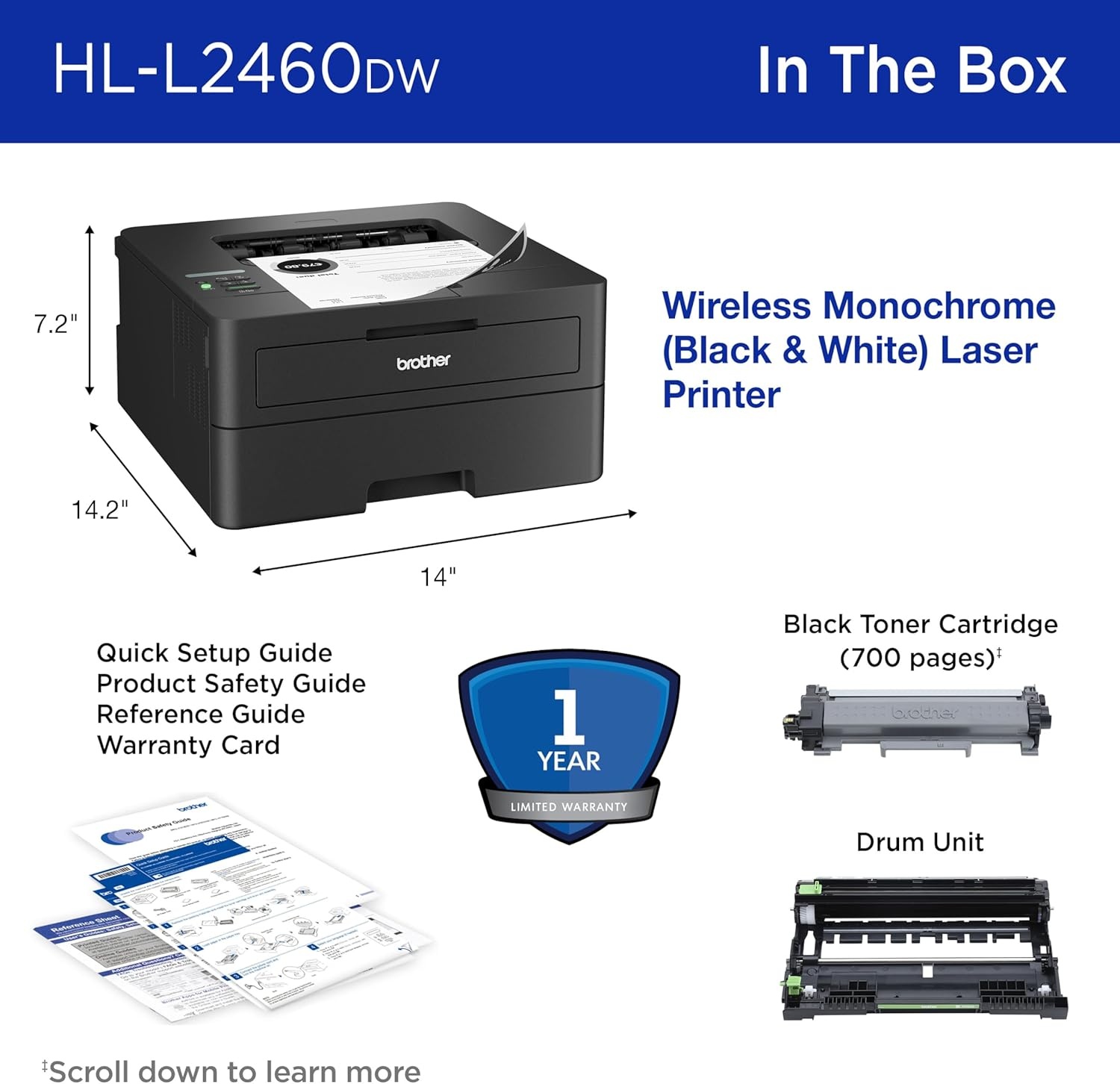 image:imageBrother HLL2460DW Wireless Compact Monochrome Laser Printer with Duplex Mobile Printing Black amp White Output Includes Refresh Subscription Trial1 Works with AlexaRenewed Refurbished