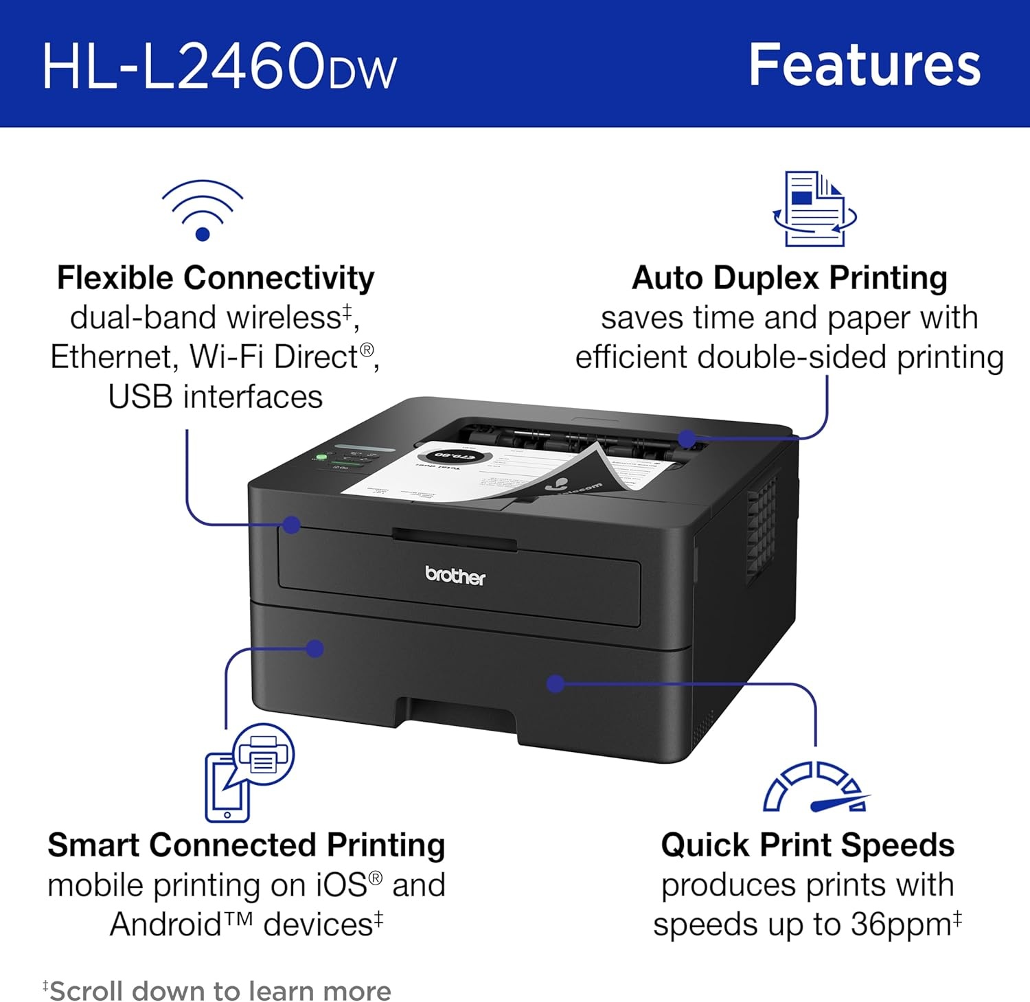 image:imageBrother HLL2460DW Wireless Compact Monochrome Laser Printer with Duplex Mobile Printing Black amp White Output Includes Refresh Subscription Trial1 Works with AlexaRenewed Refurbished