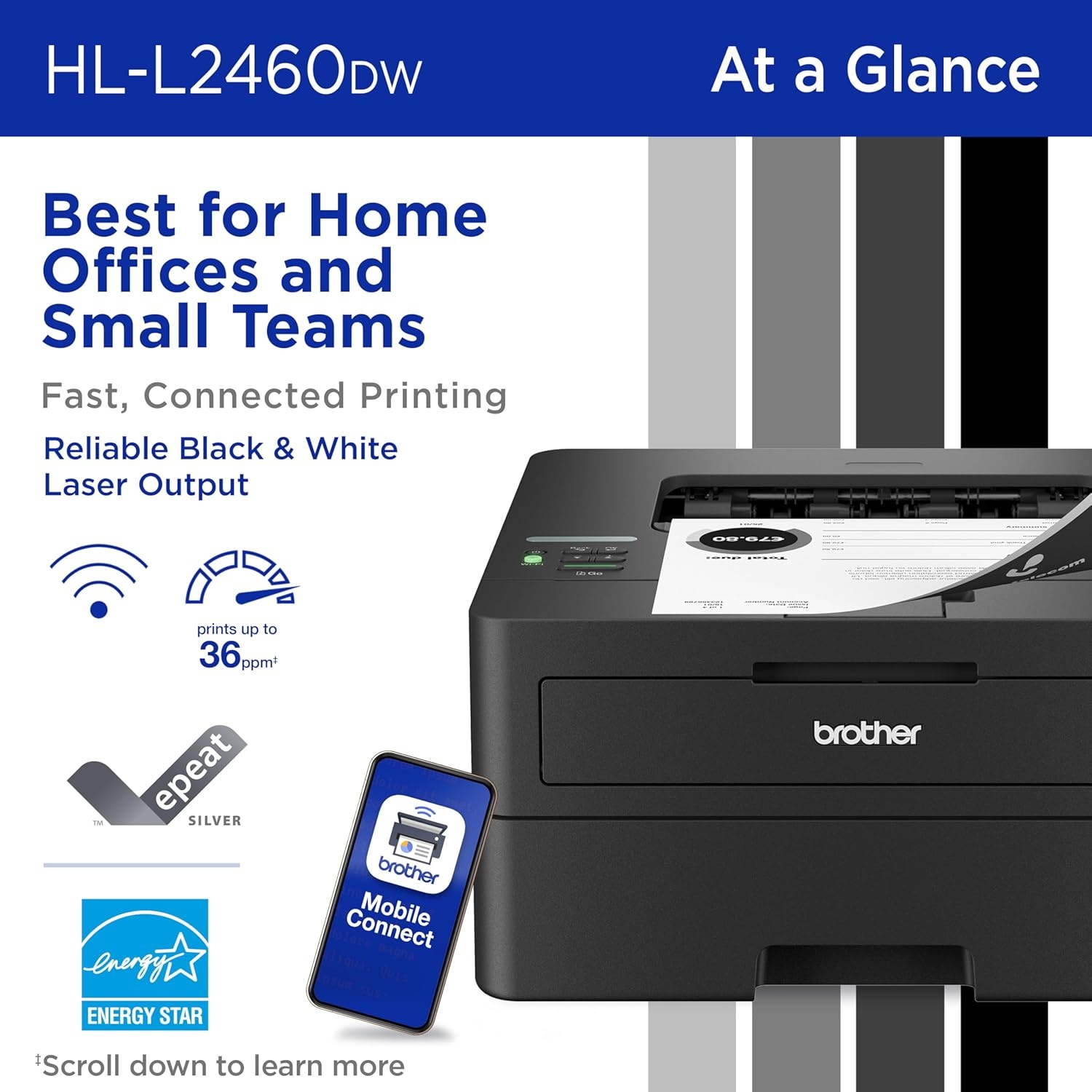 image:imageBrother HLL2460DW Wireless Compact Monochrome Laser Printer with Duplex Mobile Printing Black amp White Output Includes Refresh Subscription Trial1 Works with AlexaRenewed Refurbished