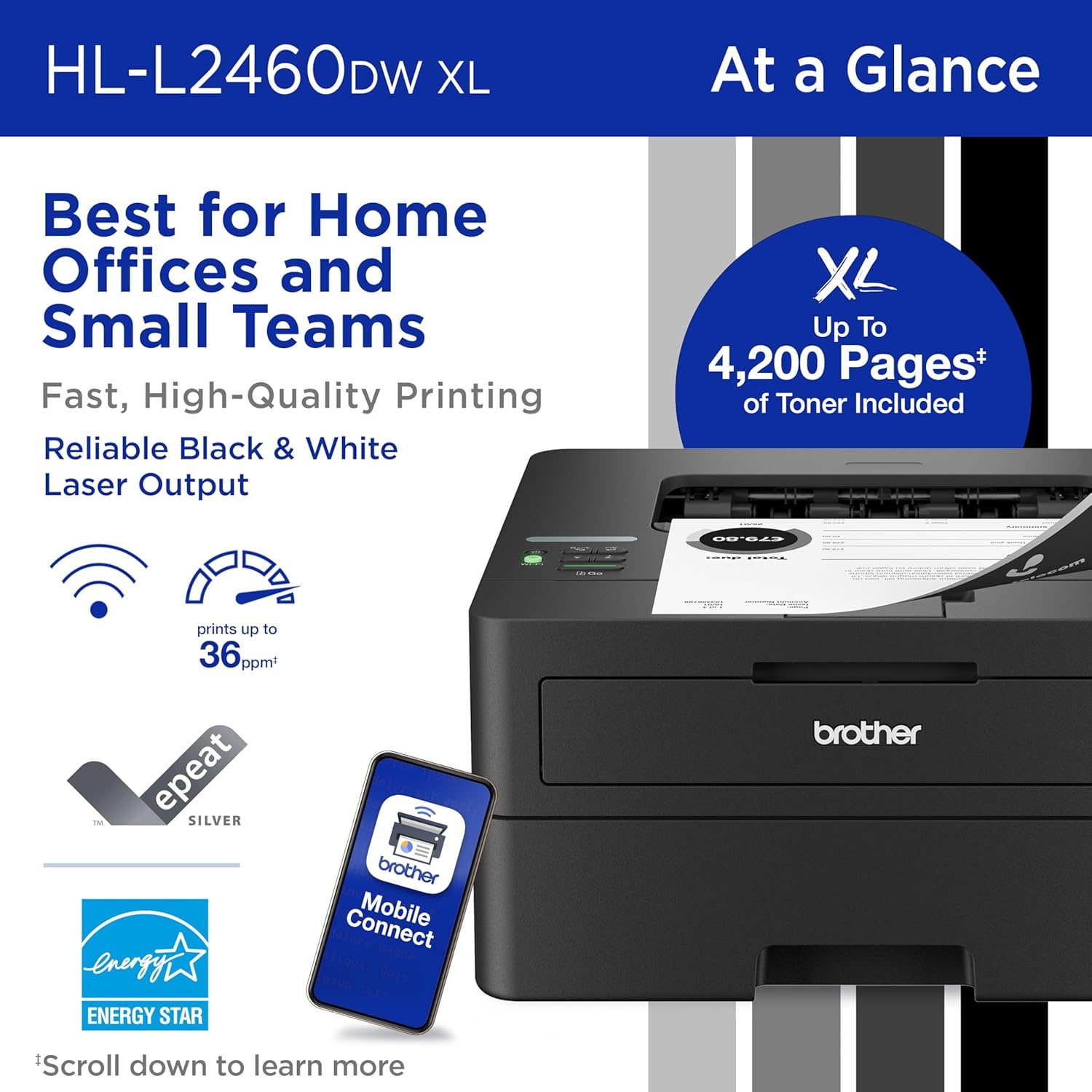image:imageBrother HLL2460DWW XL Wireless Compact Monochrome Printer with Duplex Copy amp Scan Fax Black amp White Up to 4200 Pages of Toner Included1 Works with AlexaHLL2460DWXL