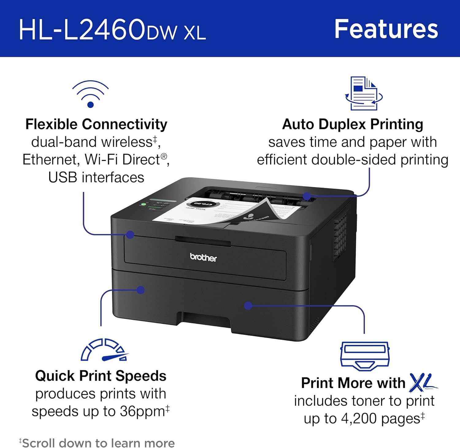 image:imageBrother HLL2460DWW XL Wireless Compact Monochrome Printer with Duplex Copy amp Scan Fax Black amp White Up to 4200 Pages of Toner Included1 Works with AlexaHLL2460DWXL
