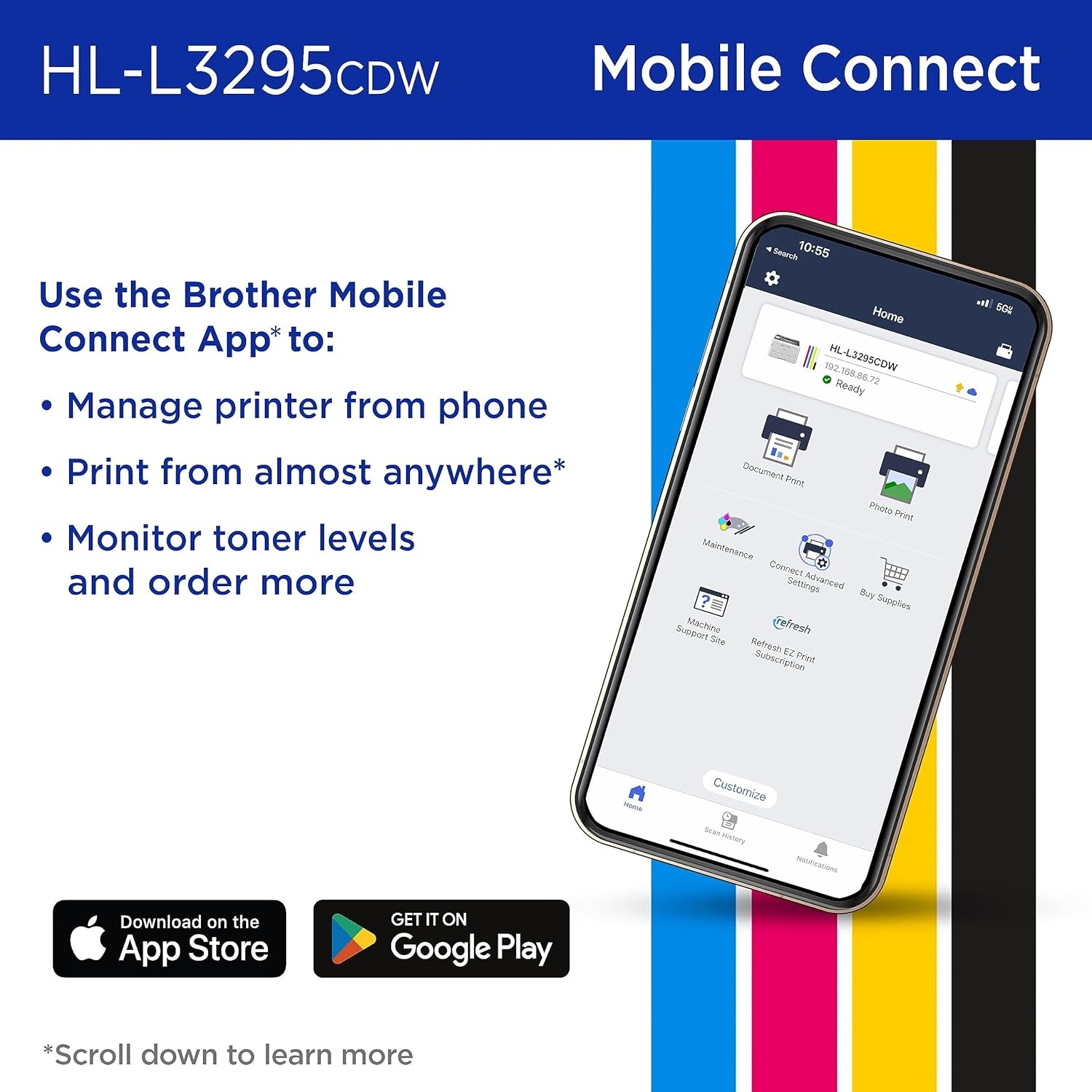 image:imageBrother HLL3295CDW Wireless Compact Digital Color Printer with Laser Quality Output Duplex NFC Mobile amp Ethernet Includes 2 Month Refresh Subscription Trial Amazon Dash Replenishment ReadyNew HLL3295CDW