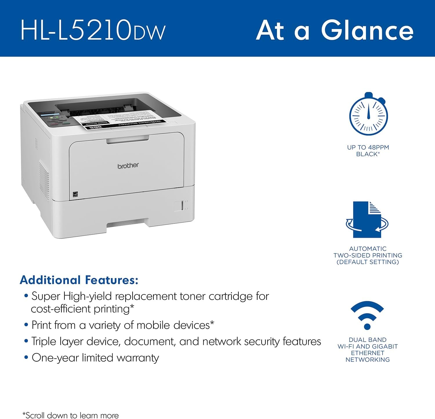 image:imageBrother HLL5210DWT Business Monochrome Laser Printer with Dual Trays Wireless and Gigabit Ethernet Networking Duplex Printing Large Paper Capacity and Mobile Printing WhiteHLL5210DW