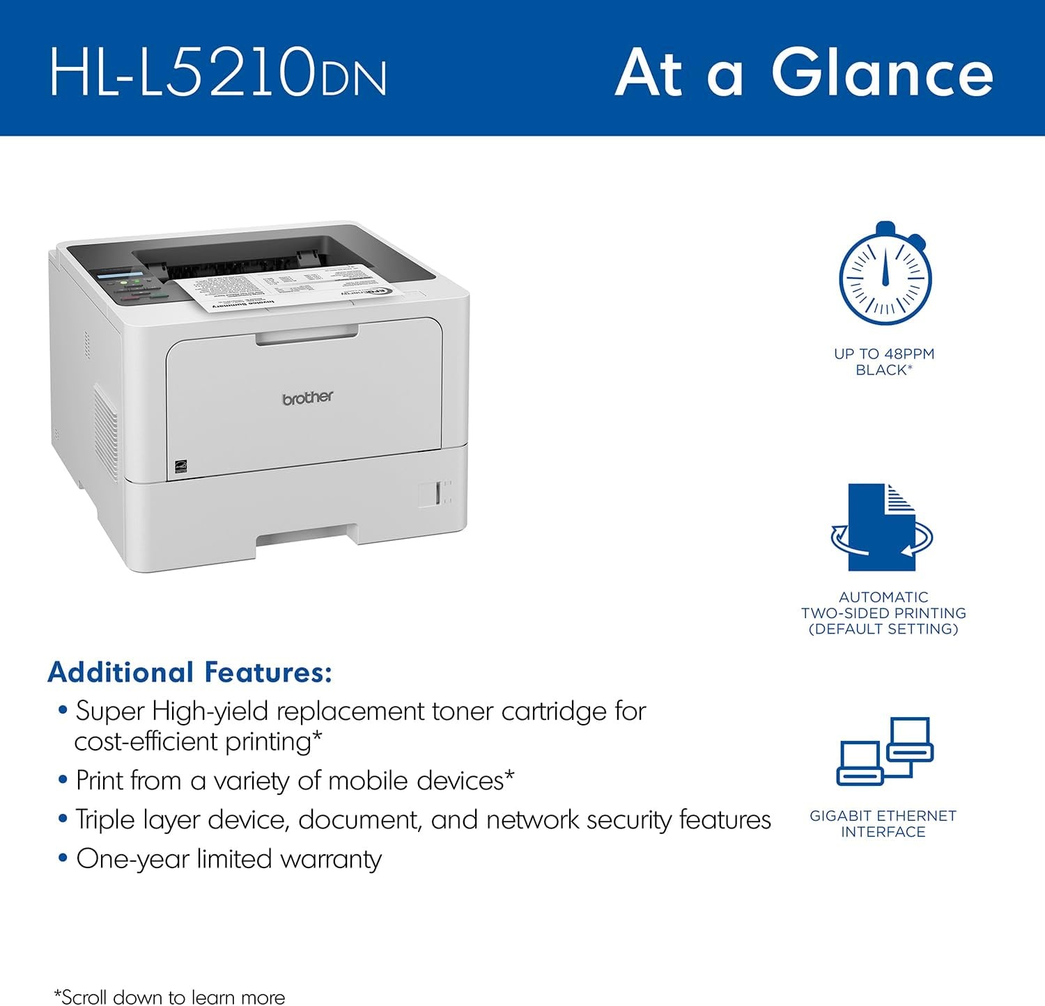 image:imageBrother HLL5210DWT Business Monochrome Laser Printer with Dual Trays Wireless and Gigabit Ethernet Networking Duplex Printing Large Paper Capacity and Mobile Printing WhiteHLL5210DN