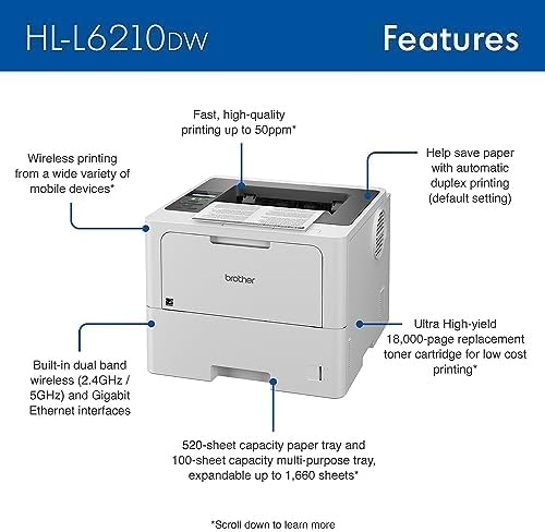 image:imageBrother HLL6210DWT Business Monochrome Laser Printer with Dual Paper Trays Wireless Networking Works with Alexa WhiteHLL6210DW
