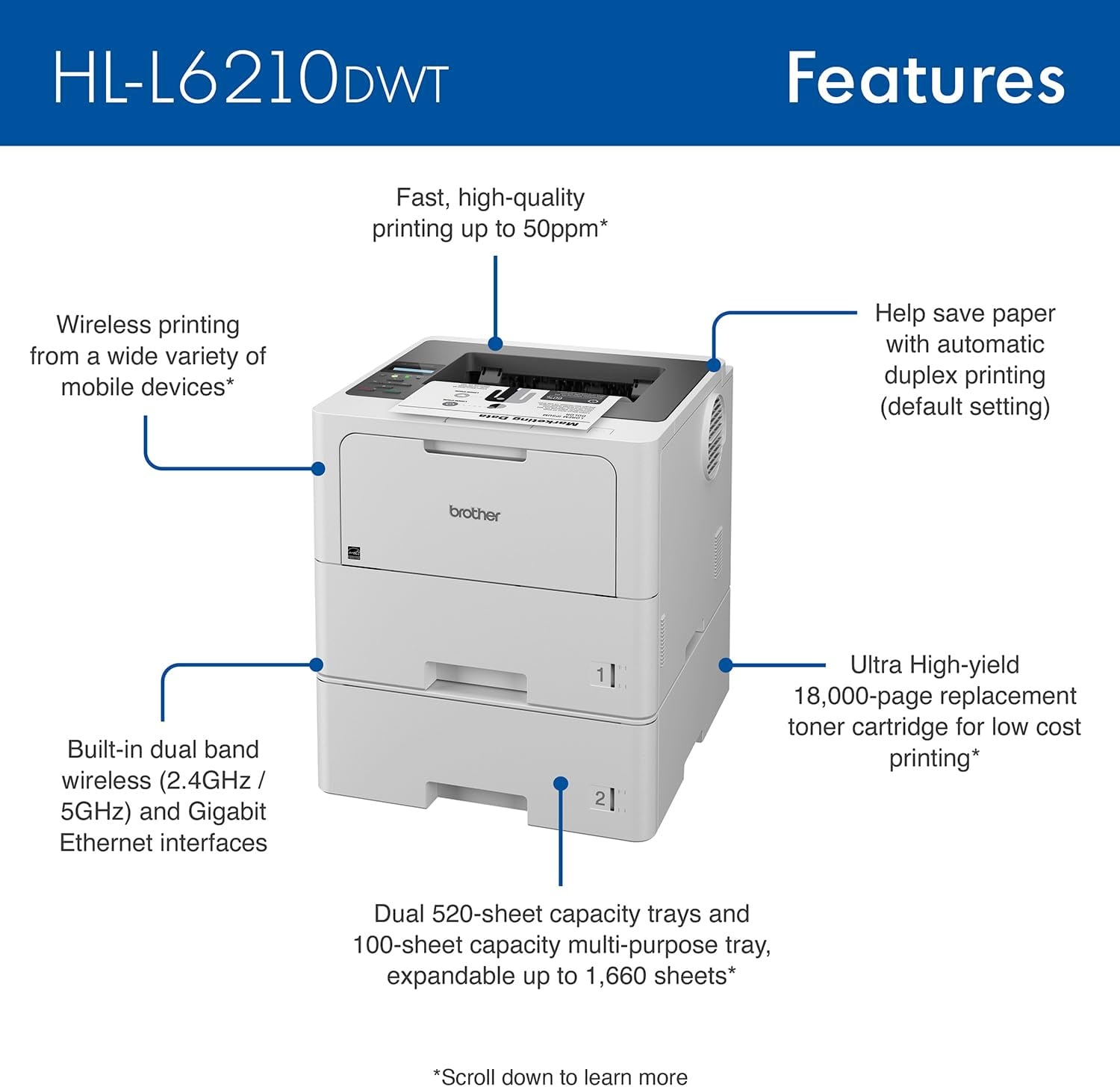 image:imageBrother HLL6210DWT Business Monochrome Laser Printer with Dual Paper Trays Wireless Networking Works with Alexa WhiteHLL6210DWT
