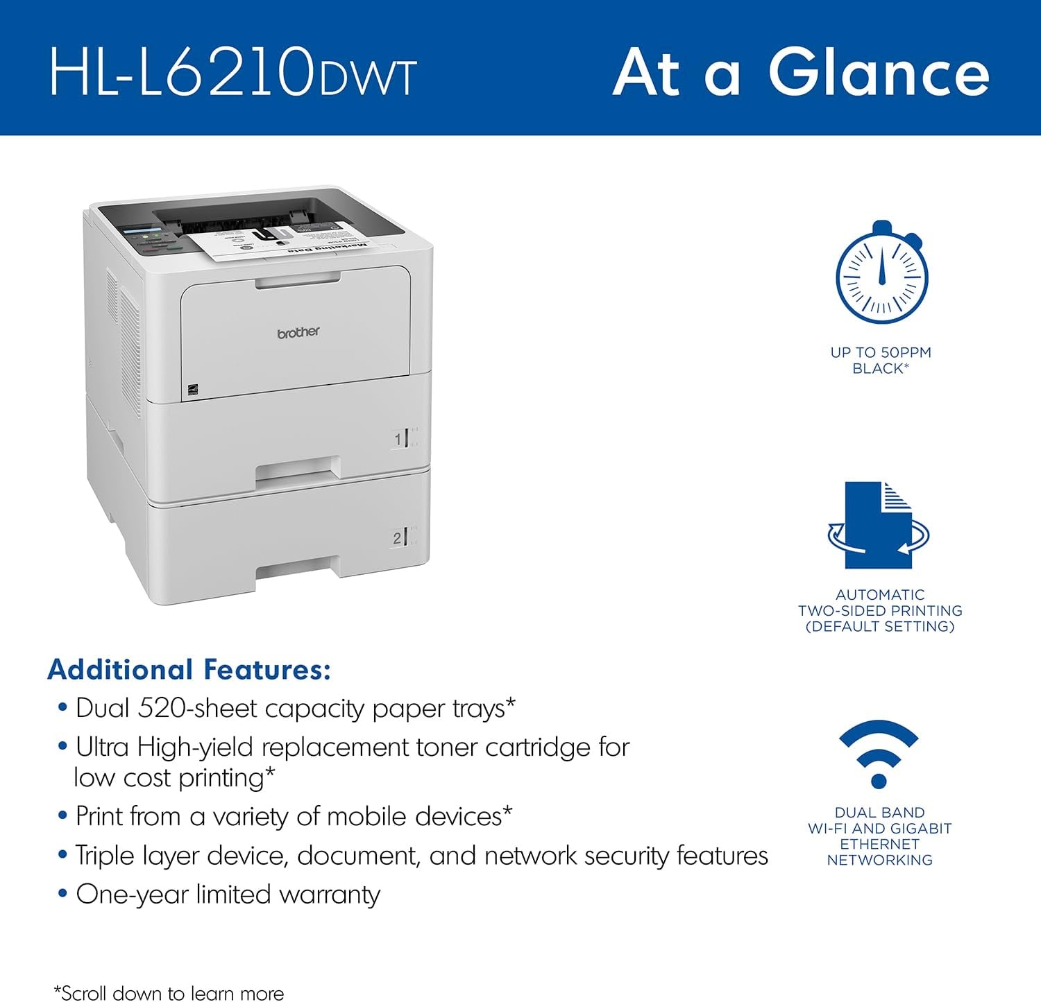 image:imageBrother HLL6210DWT Business Monochrome Laser Printer with Dual Paper Trays Wireless Networking Works with Alexa WhiteHLL6210DWT