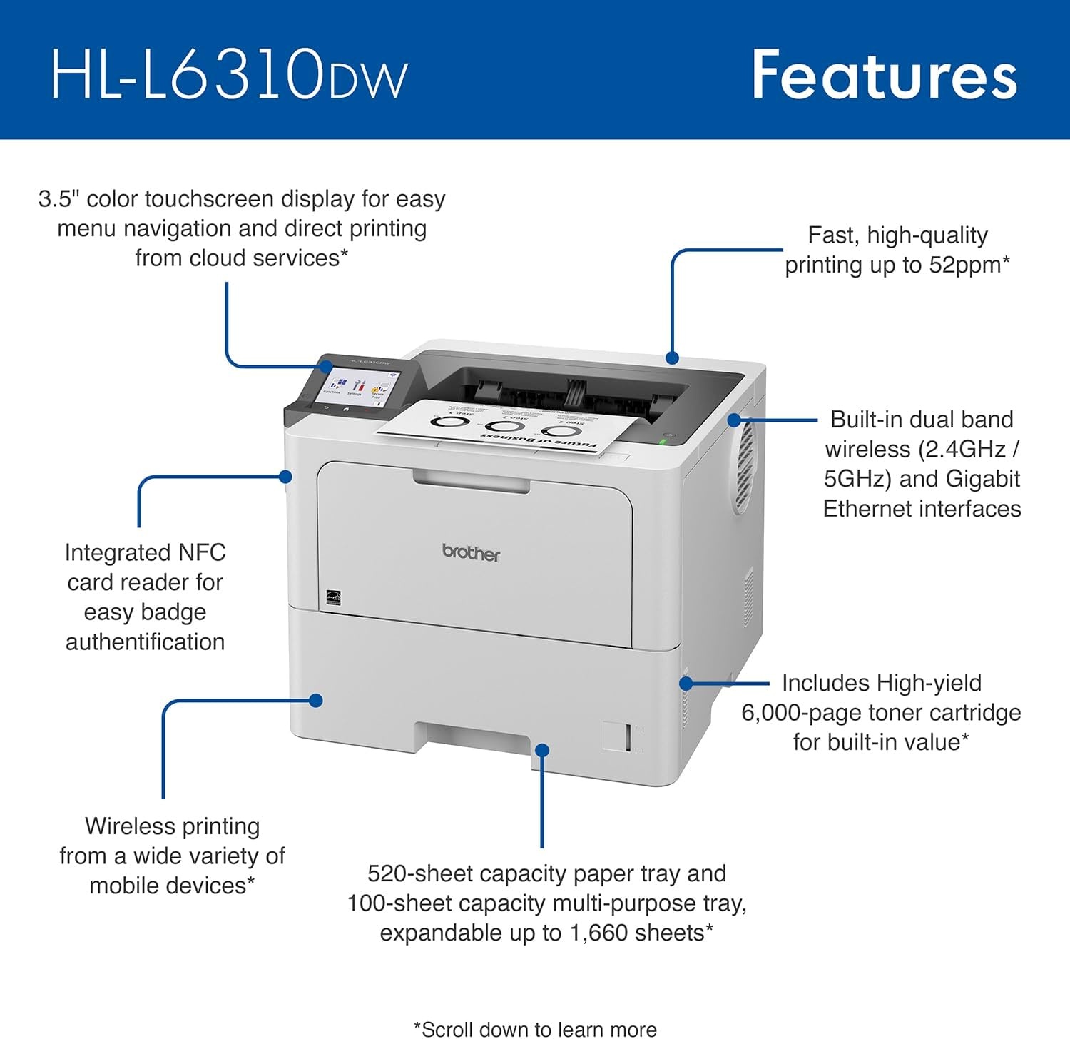 image:imageBrother HLL6310DW Enterprise Monochrome Laser Printer with LowCost Printing WirelessNetworking and Large Paper Capacity Works with AlexaNew HLL6310DW