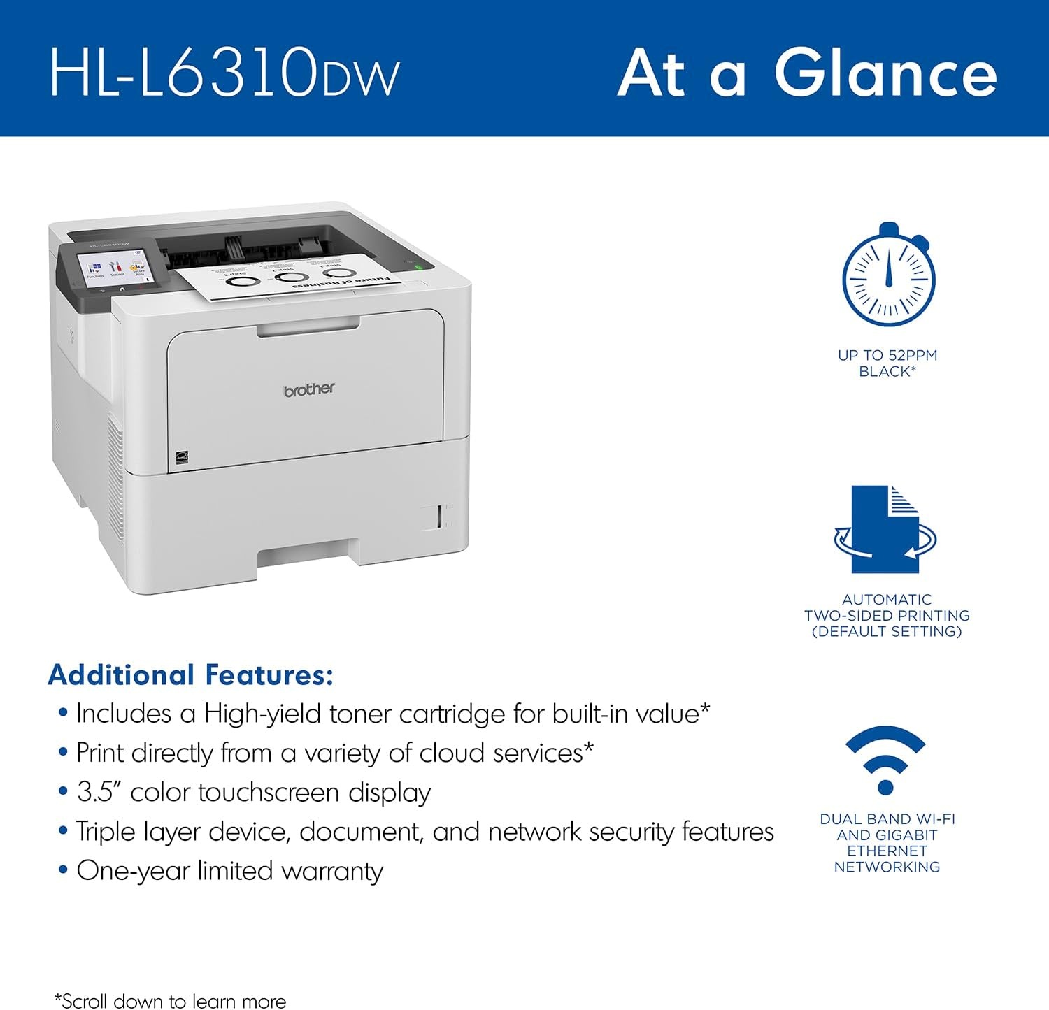 image:imageBrother HLL6310DW Enterprise Monochrome Laser Printer with LowCost Printing WirelessNetworking and Large Paper Capacity Works with AlexaNew HLL6310DW