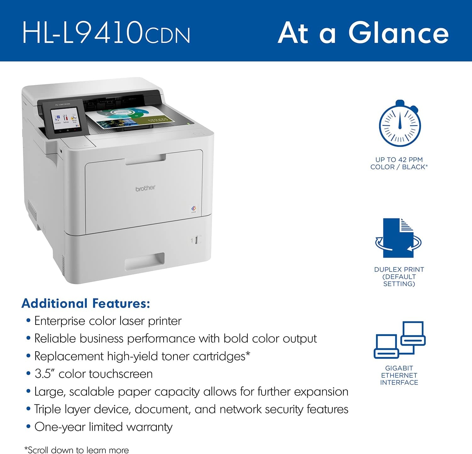 image:imageBrother HLL9410CDN Enterprise Color Laser Printer with Fast Printing Large Paper Capacity and Advanced Security Features