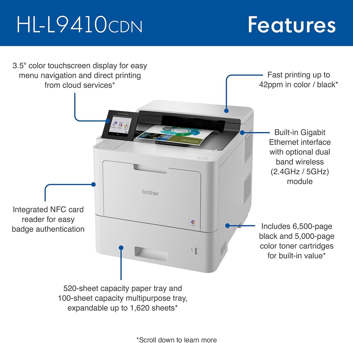 image:imageBrother HLL9410CDN Enterprise Color Laser Printer with Fast Printing Large Paper Capacity and Advanced Security Features