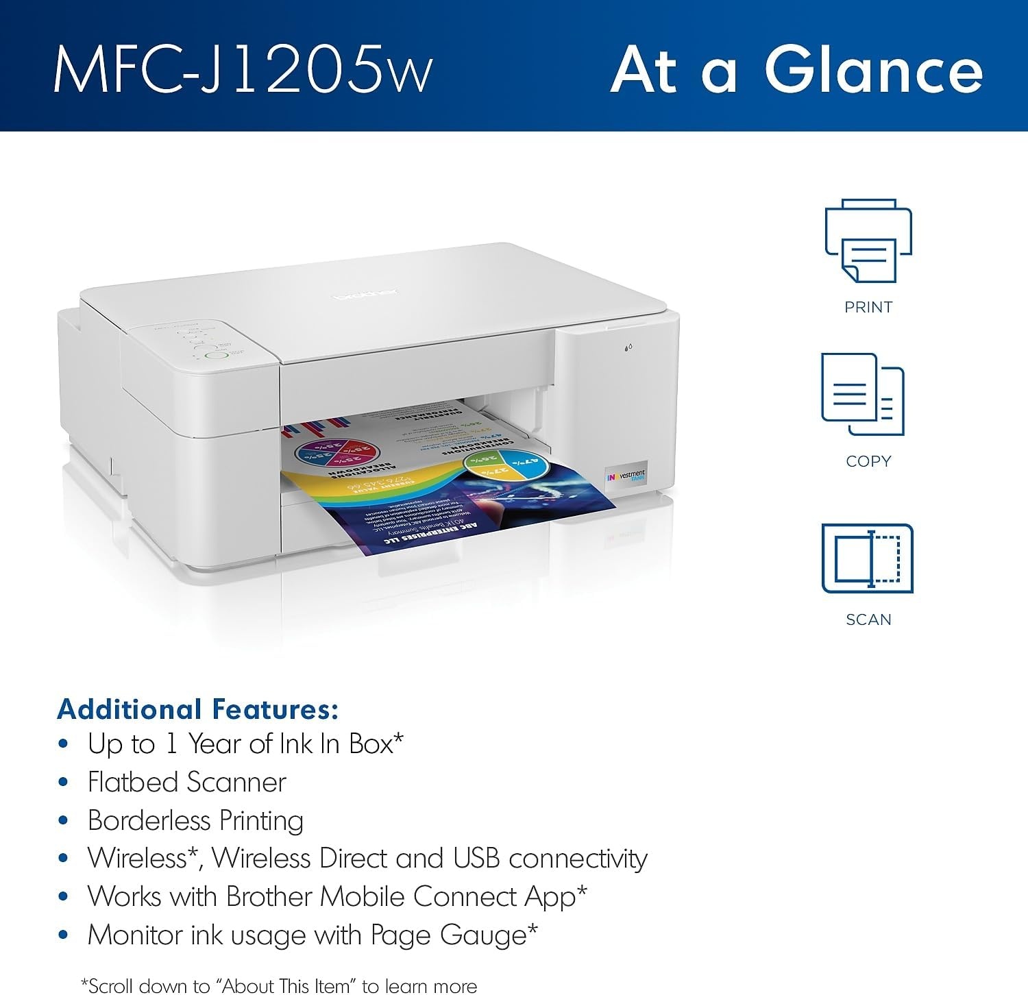 image:imageBrother INKvestment 1365 Wireless Color Inkjet AllinOne Printer with Automatic Duplex Printing and 18 Color Display Includes Refresh Subscription Trial1 MFCJ1365DWMFCJ1205W