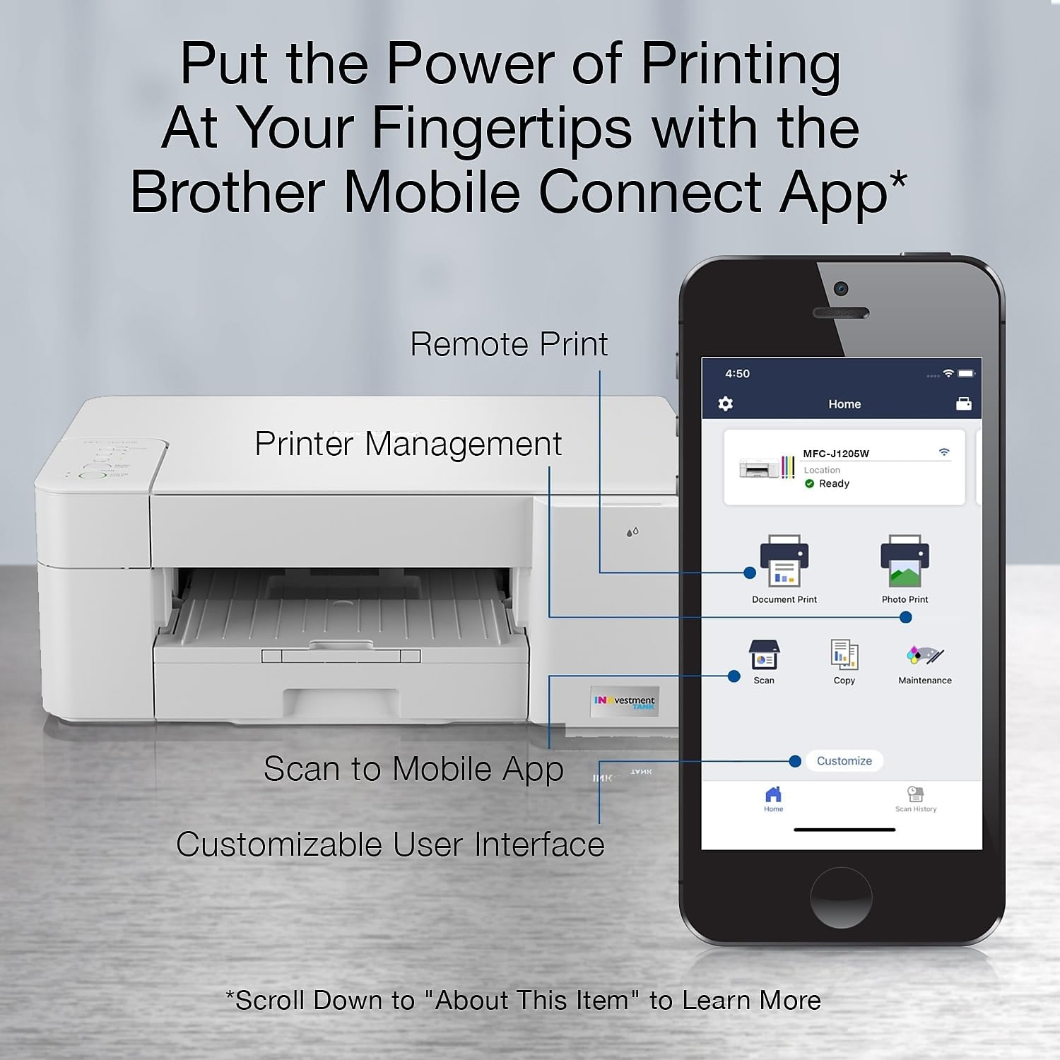 image:imageBrother INKvestment 1365 Wireless Color Inkjet AllinOne Printer with Automatic Duplex Printing and 18 Color Display Includes Refresh Subscription Trial1 MFCJ1365DWMFCJ1205W