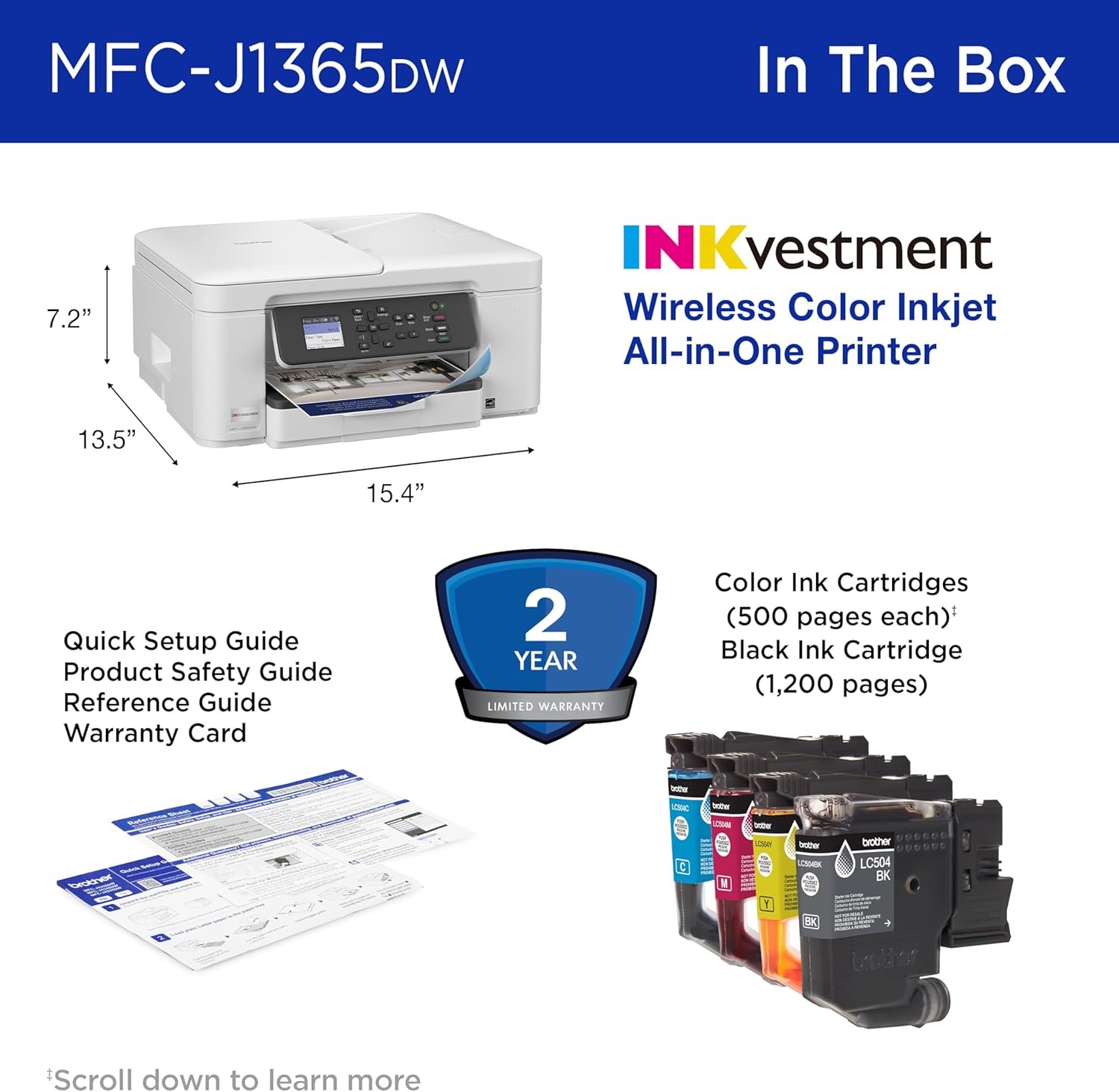 image:imageBrother INKvestment 1365 Wireless Color Inkjet AllinOne Printer with Automatic Duplex Printing and 18 Color Display Includes Refresh Subscription Trial1 MFCJ1365DWUpgraded Version MFCJ1365DW Adds Duplex