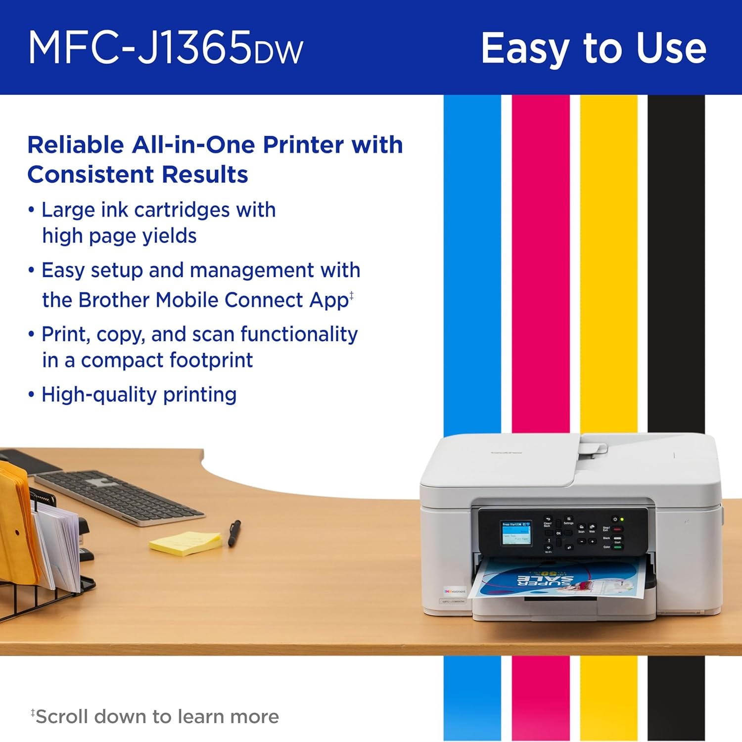image:imageBrother INKvestment 1365 Wireless Color Inkjet AllinOne Printer with Automatic Duplex Printing and 18 Color Display Includes Refresh Subscription Trial1 MFCJ1365DWUpgraded Version MFCJ1365DW Adds Duplex