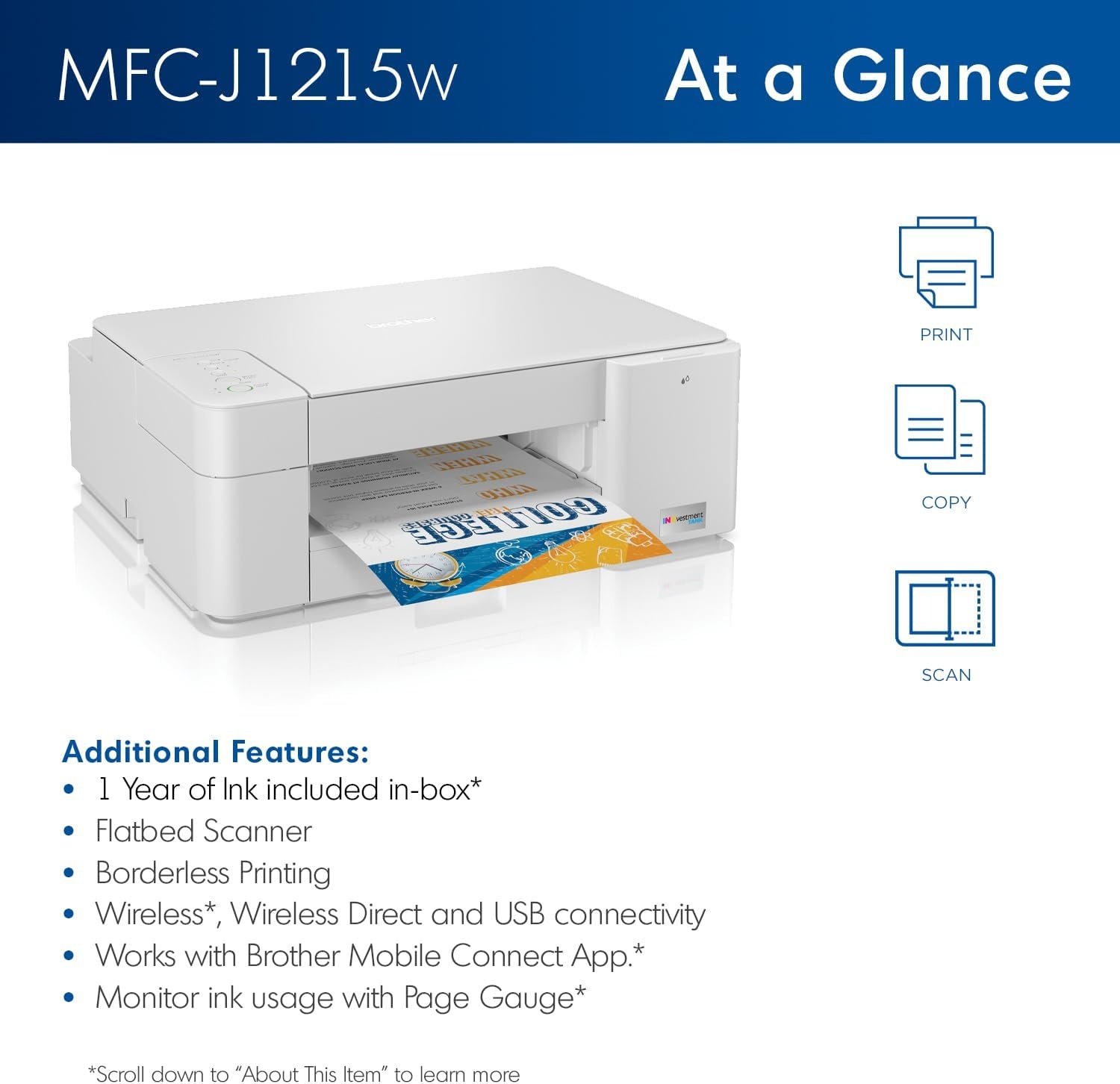 image:imageBrother INKvestment 1365 Wireless Color Inkjet AllinOne Printer with Automatic Duplex Printing and 18 Color Display Includes Refresh Subscription Trial1 MFCJ1365DWMFCJ1215W