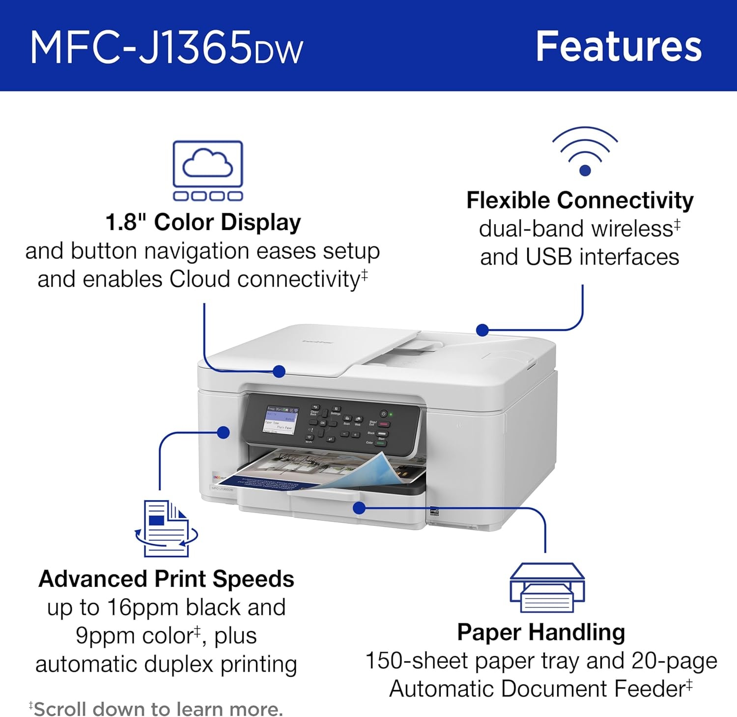 image:imageBrother INKvestment 1365 Wireless Color Inkjet AllinOne Printer with Automatic Duplex Printing and 18 Color Display Includes Refresh Subscription Trial1 MFCJ1365DWUpgraded Version MFCJ1365DW Adds Duplex