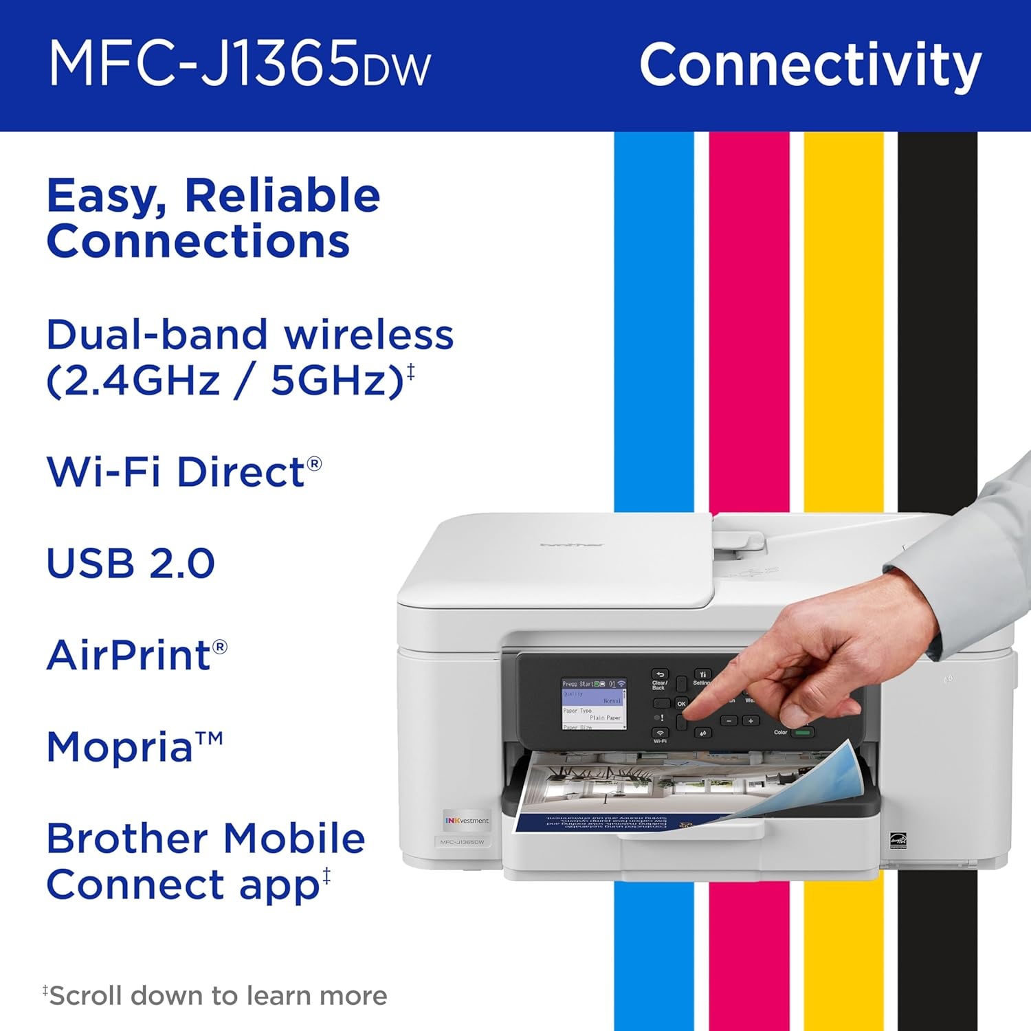 image:imageBrother INKvestment 1365 Wireless Color Inkjet AllinOne Printer with Automatic Duplex Printing and 18 Color Display Includes Refresh Subscription Trial1 MFCJ1365DWUpgraded Version MFCJ1365DW Adds Duplex