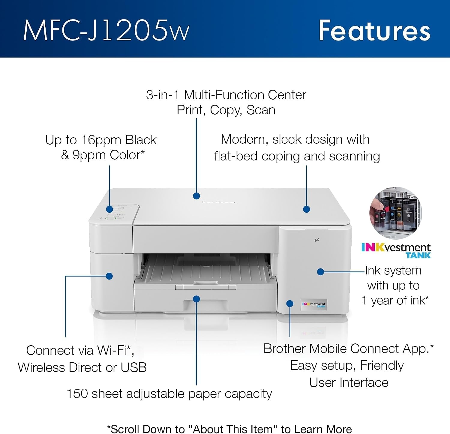 image:imageBrother INKvestment 1365 Wireless Color Inkjet AllinOne Printer with Automatic Duplex Printing and 18 Color Display Includes Refresh Subscription Trial1 MFCJ1365DWMFCJ1205W