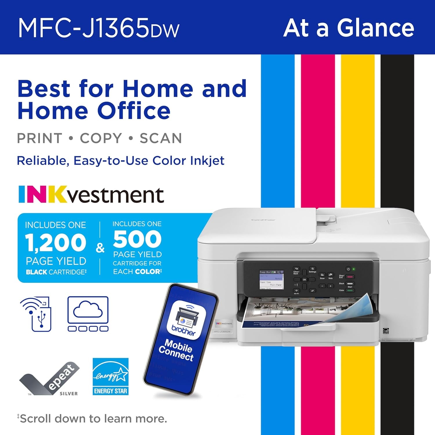 image:imageBrother INKvestment 1365 Wireless Color Inkjet AllinOne Printer with Automatic Duplex Printing and 18 Color Display Includes Refresh Subscription Trial1 MFCJ1365DWUpgraded Version MFCJ1365DW Adds Duplex