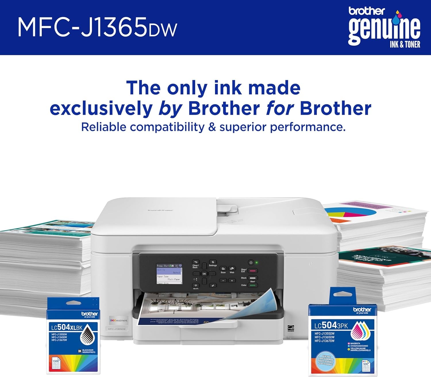 image:imageBrother INKvestment 1365 Wireless Color Inkjet AllinOne Printer with Automatic Duplex Printing and 18 Color Display Includes Refresh Subscription Trial1 MFCJ1365DWUpgraded Version MFCJ1365DW Adds Duplex