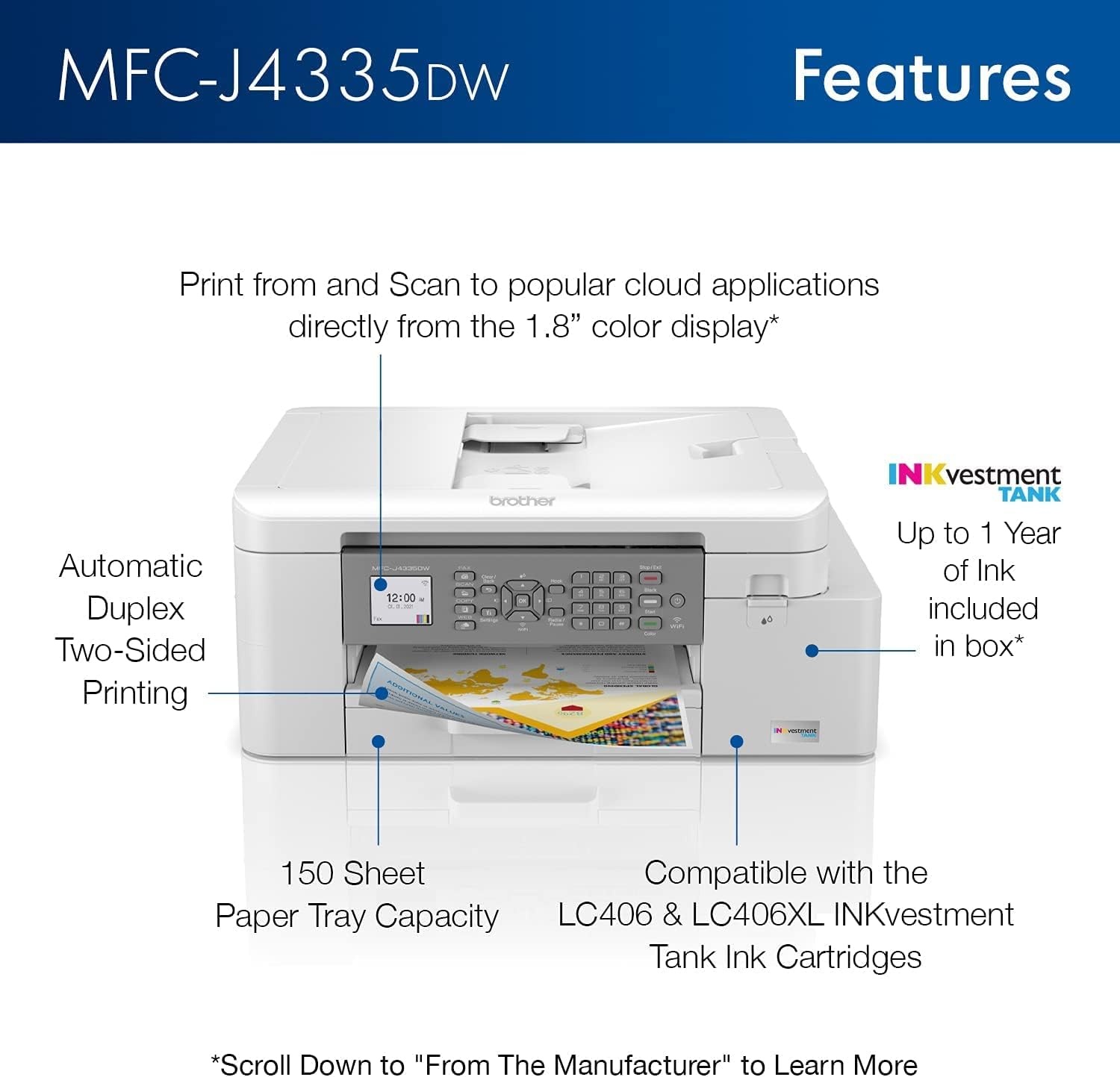 image:imageBrother INKvestment 4355 Wireless Color Inkjet AllinOne Printer with 18 Color Display and Manual Feed Slot Includes Refresh Subscription Trial1 MFCJ4355DWPrevious Model MFCJ4335DW