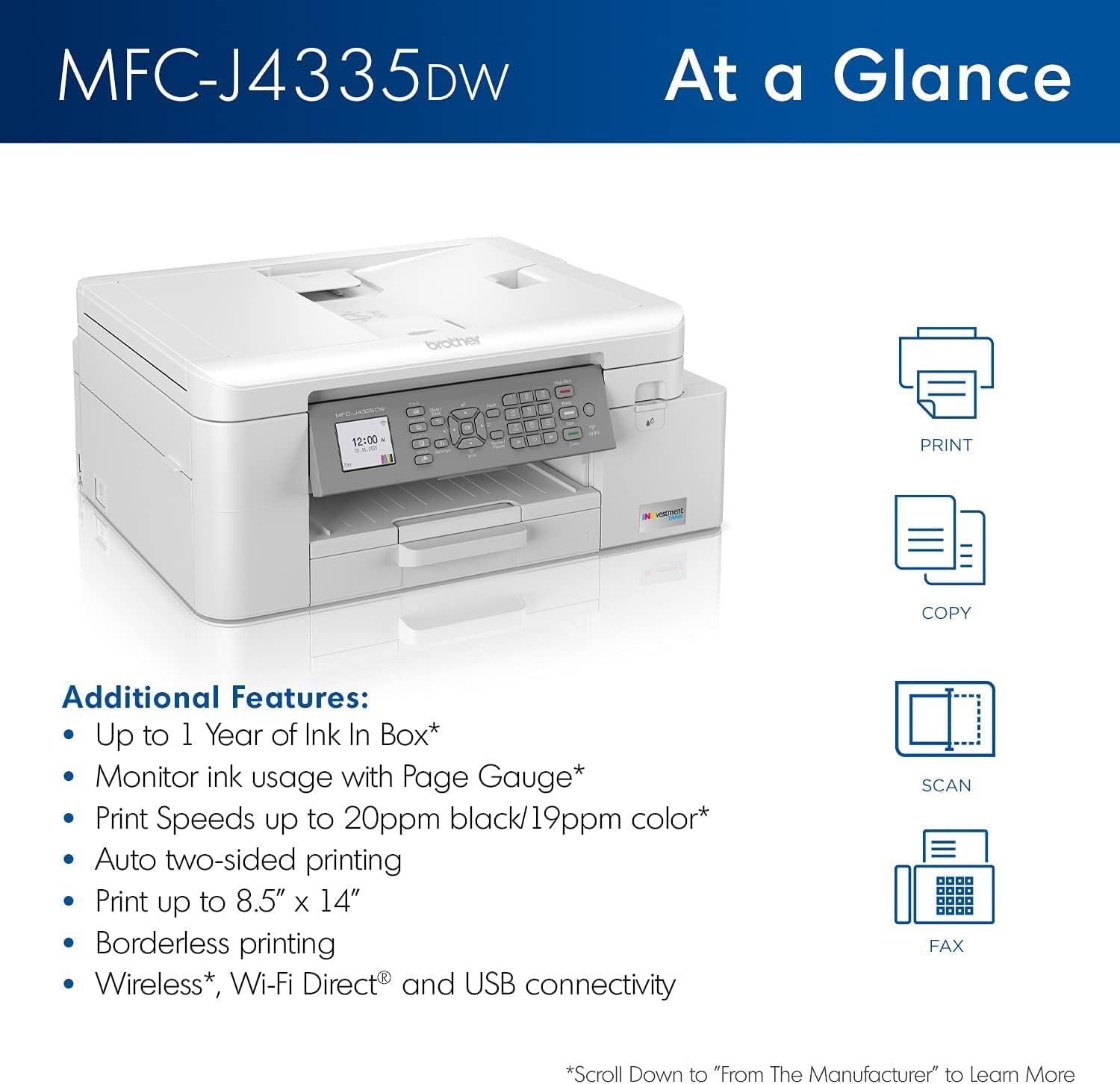 image:imageBrother INKvestment 4355 Wireless Color Inkjet AllinOne Printer with 18 Color Display and Manual Feed Slot Includes Refresh Subscription Trial1 MFCJ4355DWPrevious Model MFCJ4335DW