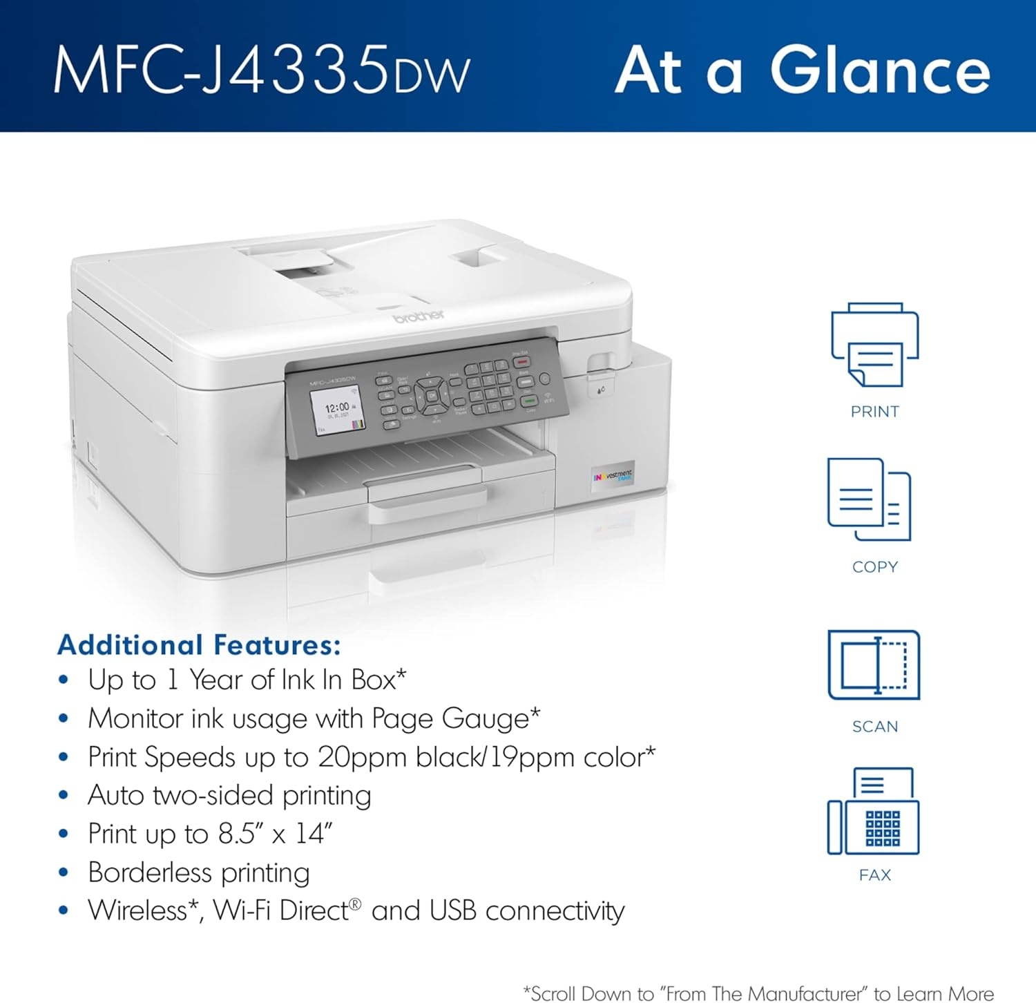 image:imageBrother INKvestment 4355 Wireless Color Inkjet AllinOne Printer with 18 Color Display and Manual Feed Slot Includes Refresh Subscription Trial1 MFCJ4355DWPrevious Model MFCJ4335DW
