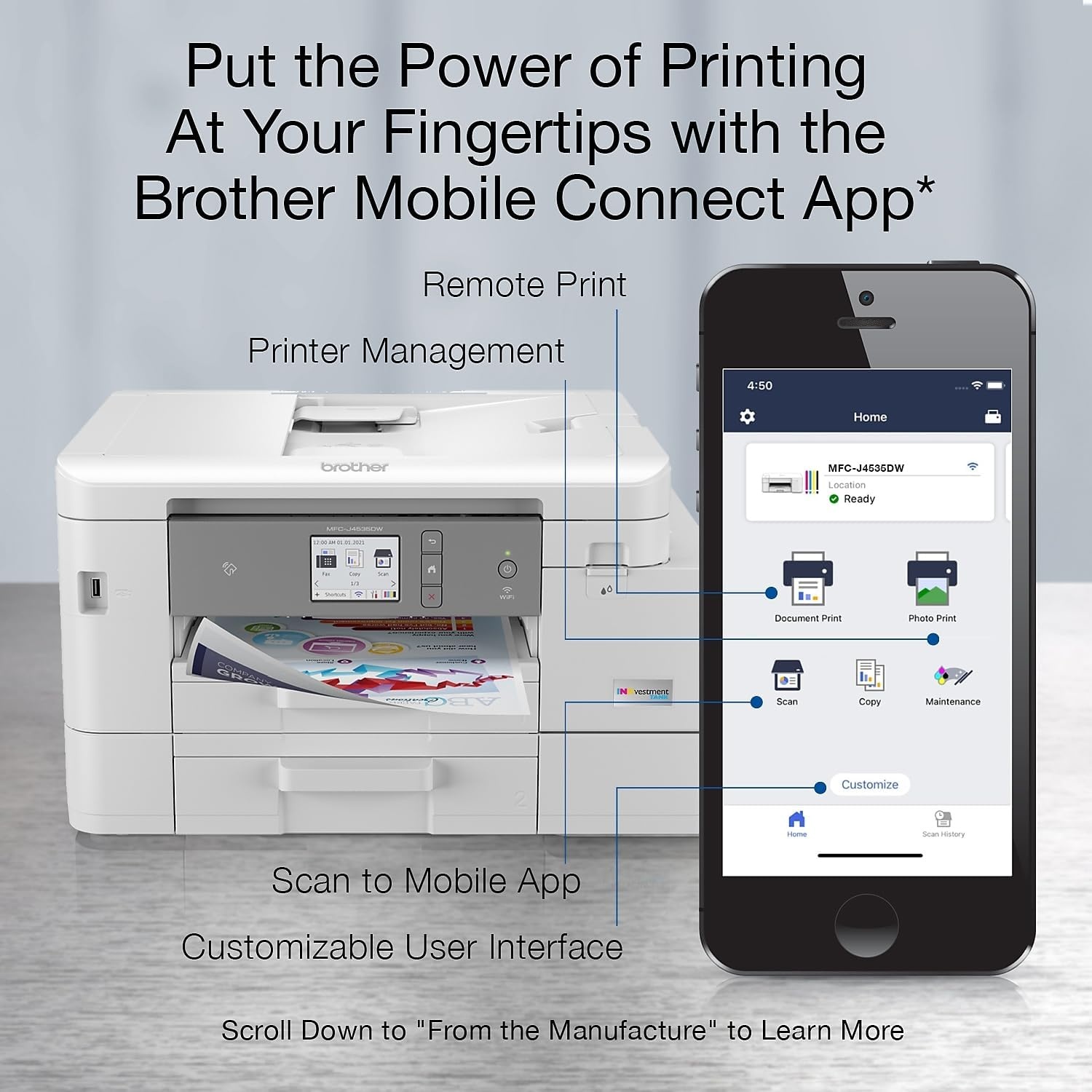 image:imageBrother INKvestment 4555 Wireless Color Inkjet AllinOne Printer with 27 Color Touchscreen and 2 Paper Trays Includes Refresh Subscription Trial1 MFCJ4555DWMFCJ4535DW