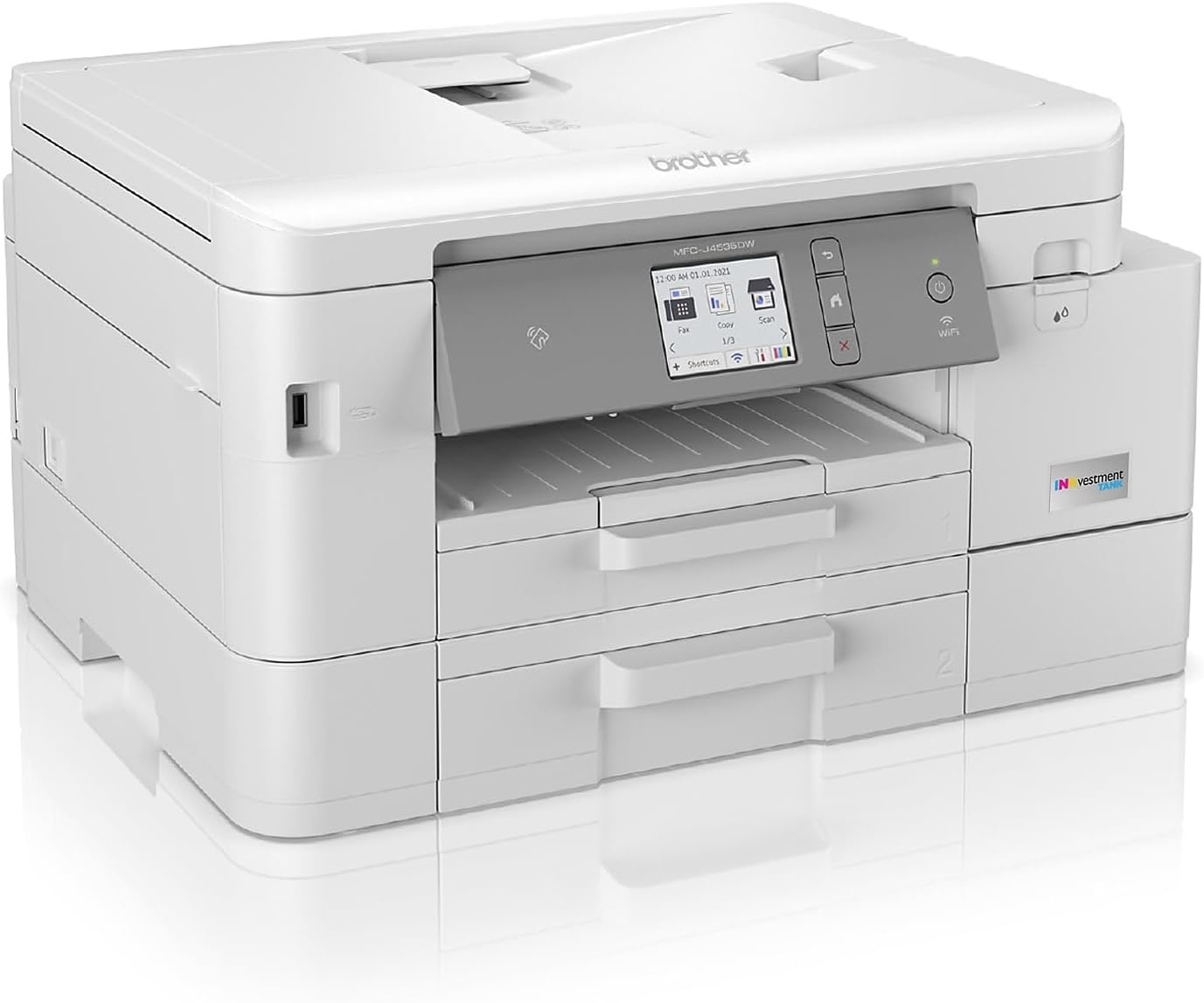 image:imageBrother INKvestment 4555 Wireless Color Inkjet AllinOne Printer with 27 Color Touchscreen and 2 Paper Trays Includes Refresh Subscription Trial1 MFCJ4555DWMFCJ4535DW