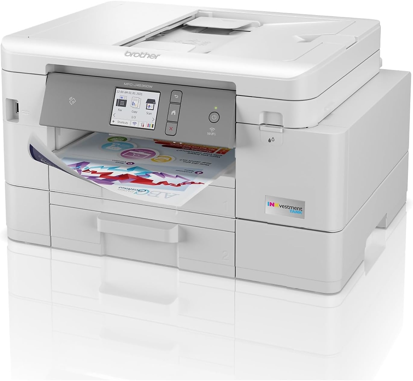 image:imageBrother INKvestment 4555 Wireless Color Inkjet AllinOne Printer with 27 Color Touchscreen and 2 Paper Trays Includes Refresh Subscription Trial1 MFCJ4555DWMFCJ4535DW