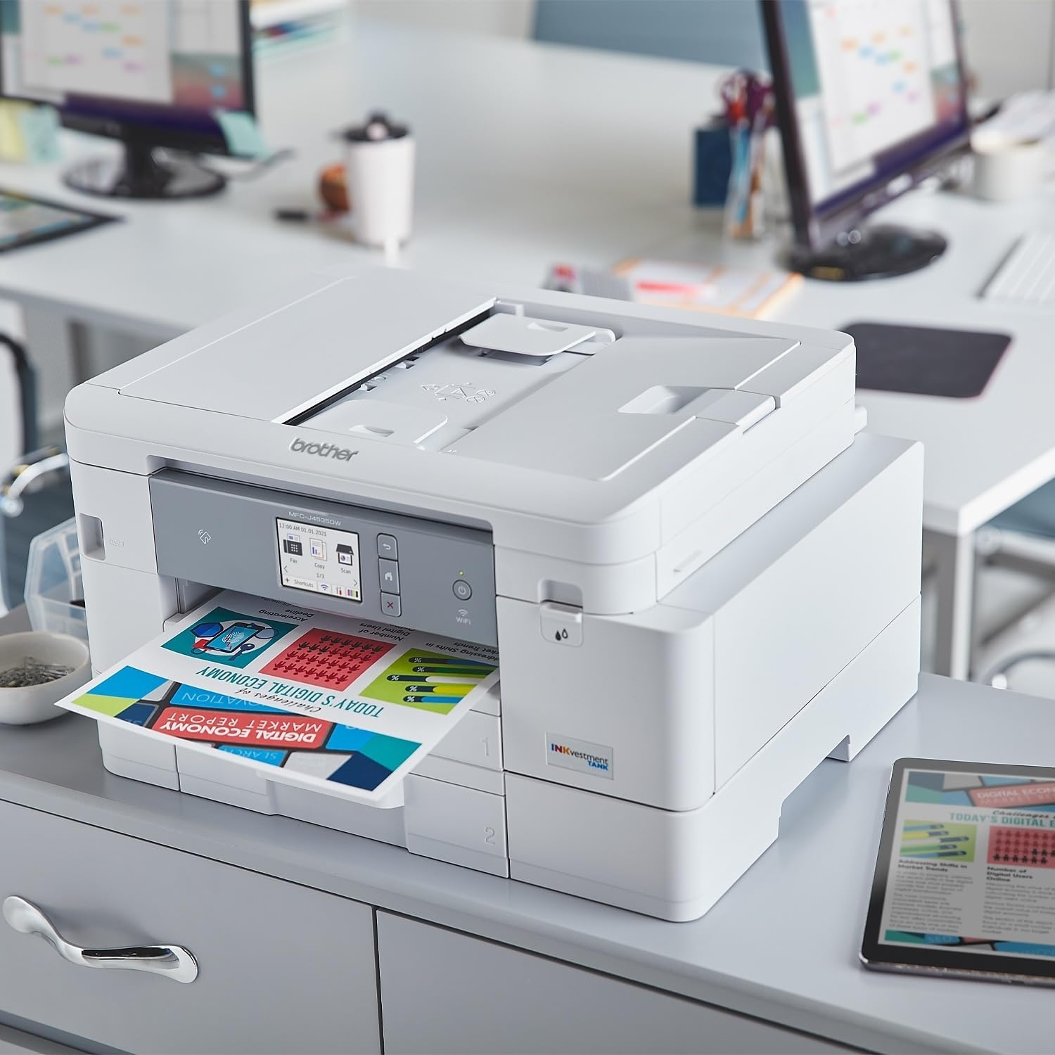 image:imageBrother INKvestment 4555 Wireless Color Inkjet AllinOne Printer with 27 Color Touchscreen and 2 Paper Trays Includes Refresh Subscription Trial1 MFCJ4555DWMFCJ4535DW